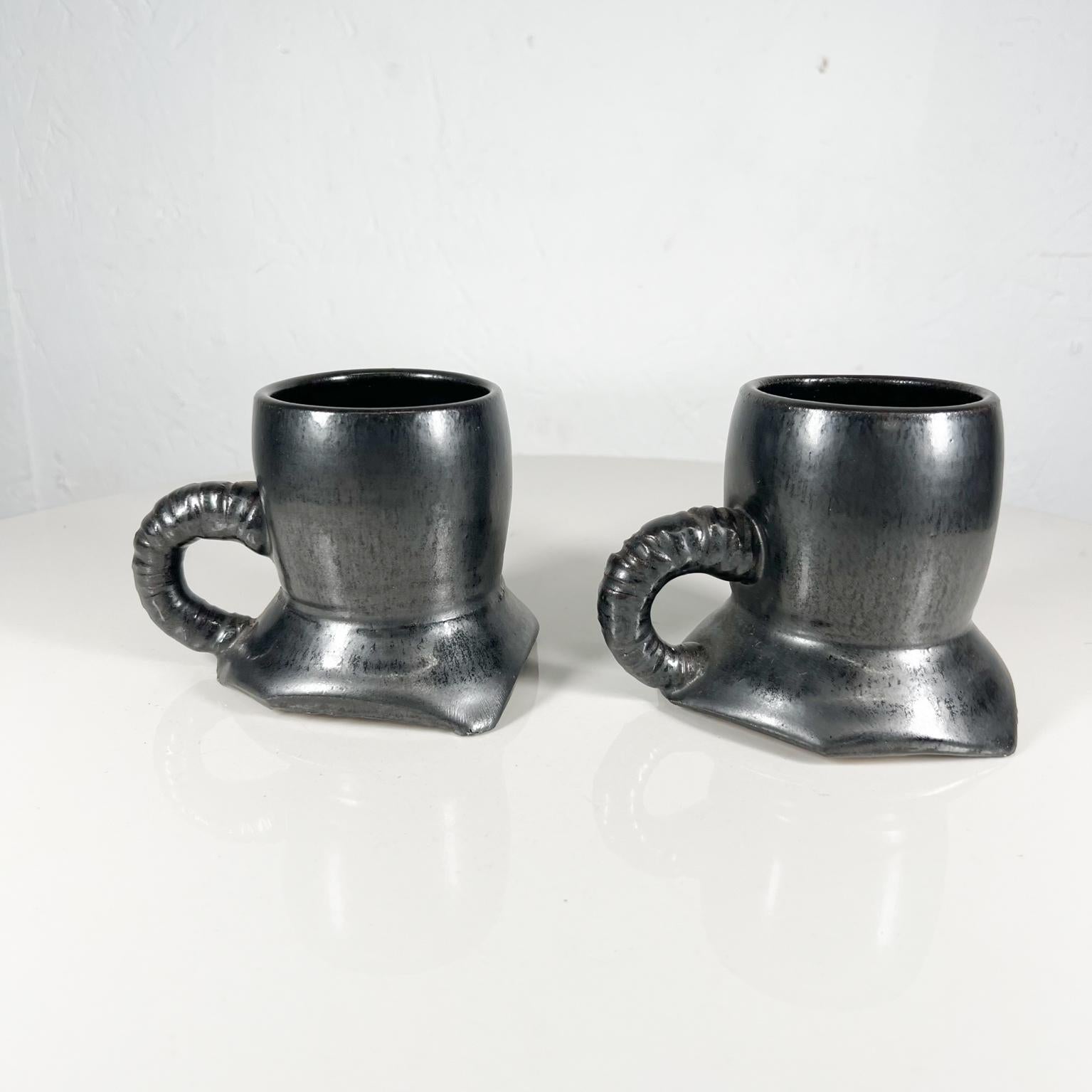 1980s Black Mugs Sculptural Pottery Art Coffee Cups Signed Melching In Good Condition For Sale In Chula Vista, CA