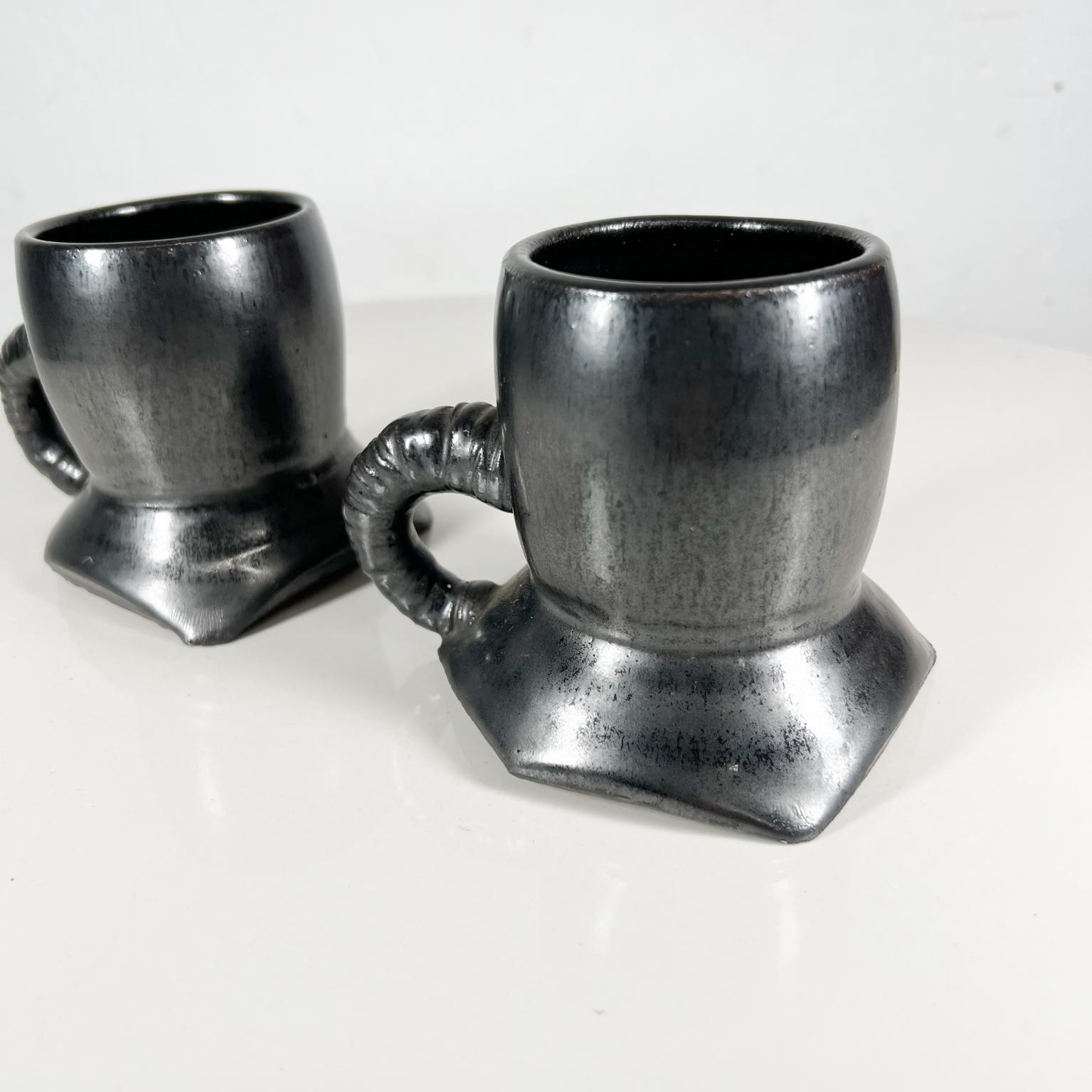 Late 20th Century 1980s Black Mugs Sculptural Pottery Art Coffee Cups Signed Melching For Sale