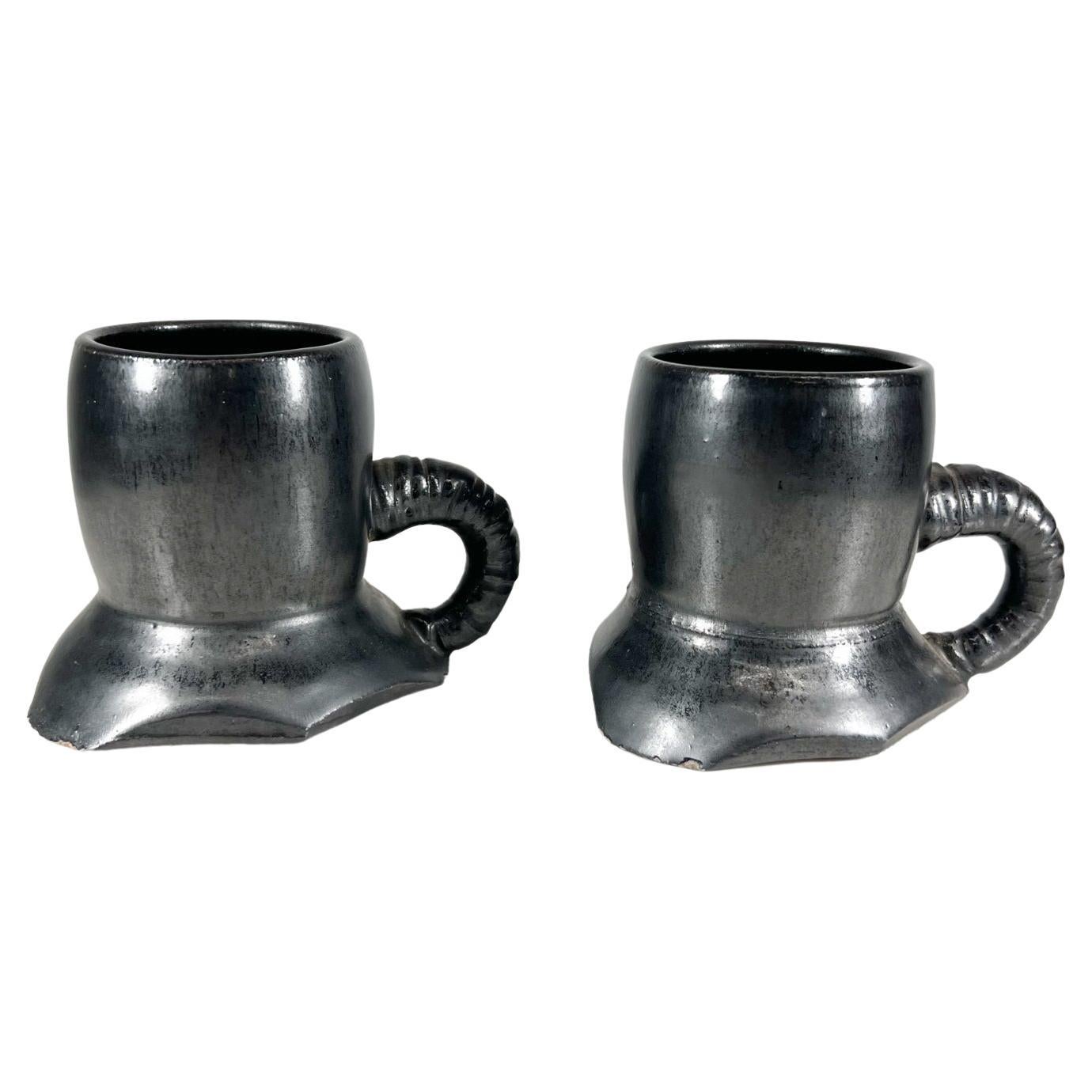 1980s Black Mugs Sculptural Pottery Art Coffee Cups Signed Melching