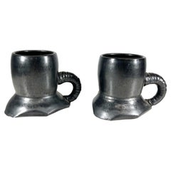 Vintage 1980s Black Mugs Sculptural Pottery Art Coffee Cups Signed Melching