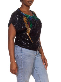 1980S Black & Multi Color Sequin Beaded Appliqué Tropical Bird Top