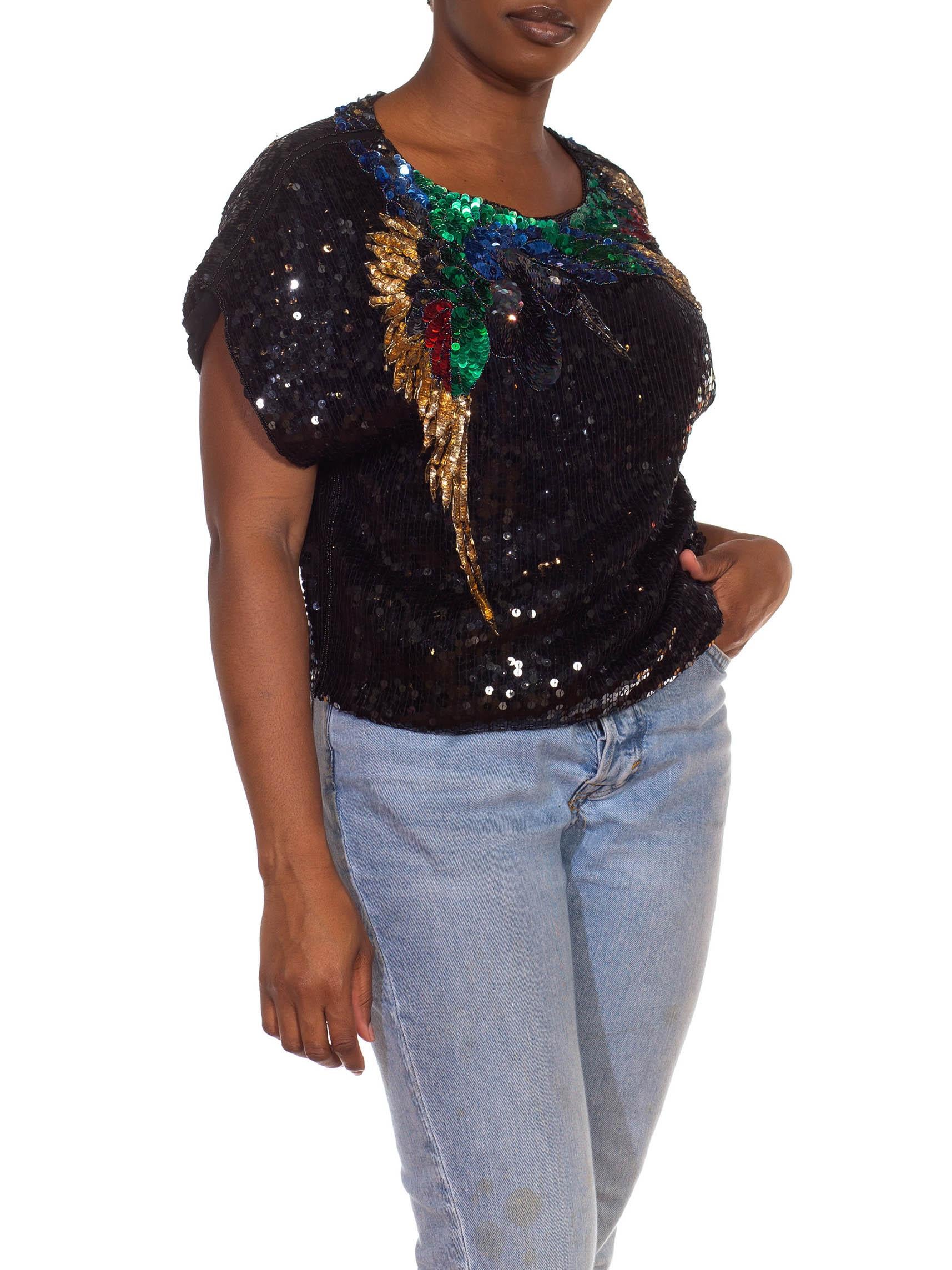 1980S Black & Multi Color Sequin Beaded Appliqué Tropical Bird Top In Excellent Condition For Sale In New York, NY