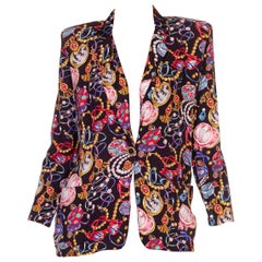 1980S Black & Multi Colored Rayon Costume Jewelry Sunglasses Printed Jacket Wit