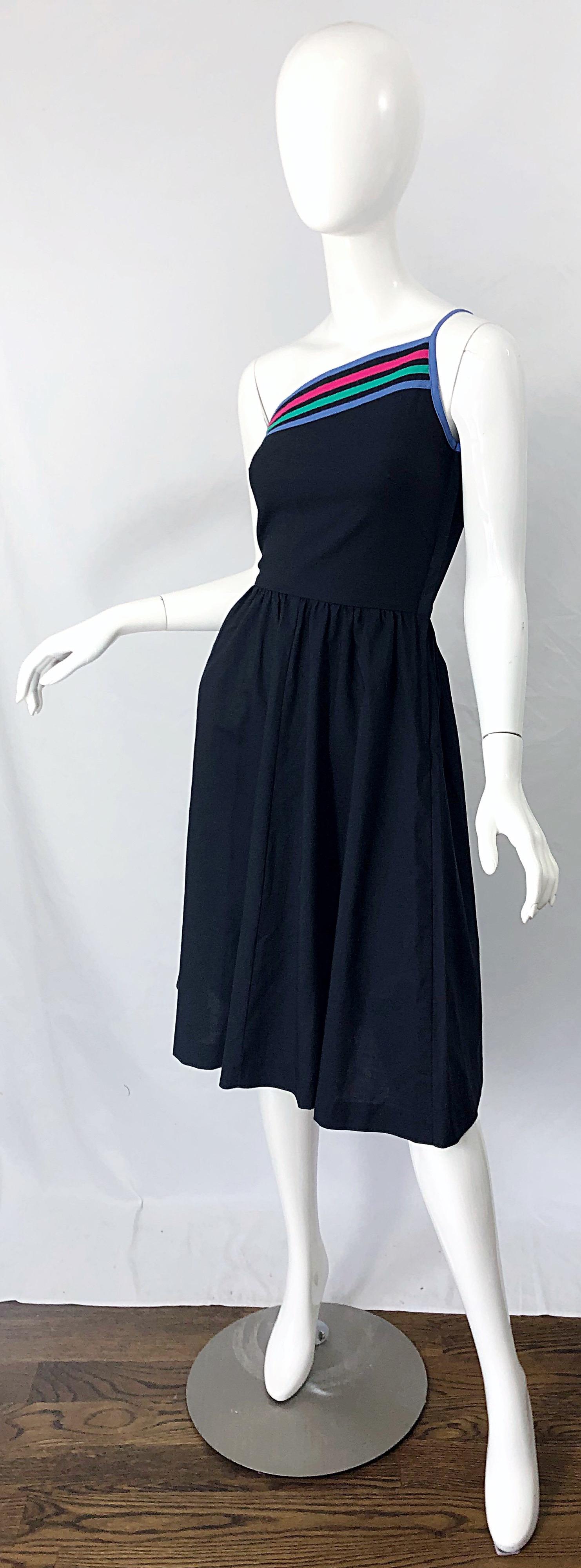 1980s Black One Shoulder Cotton Fit n ' Flare Vintage 80s Striped Dress For Sale 5