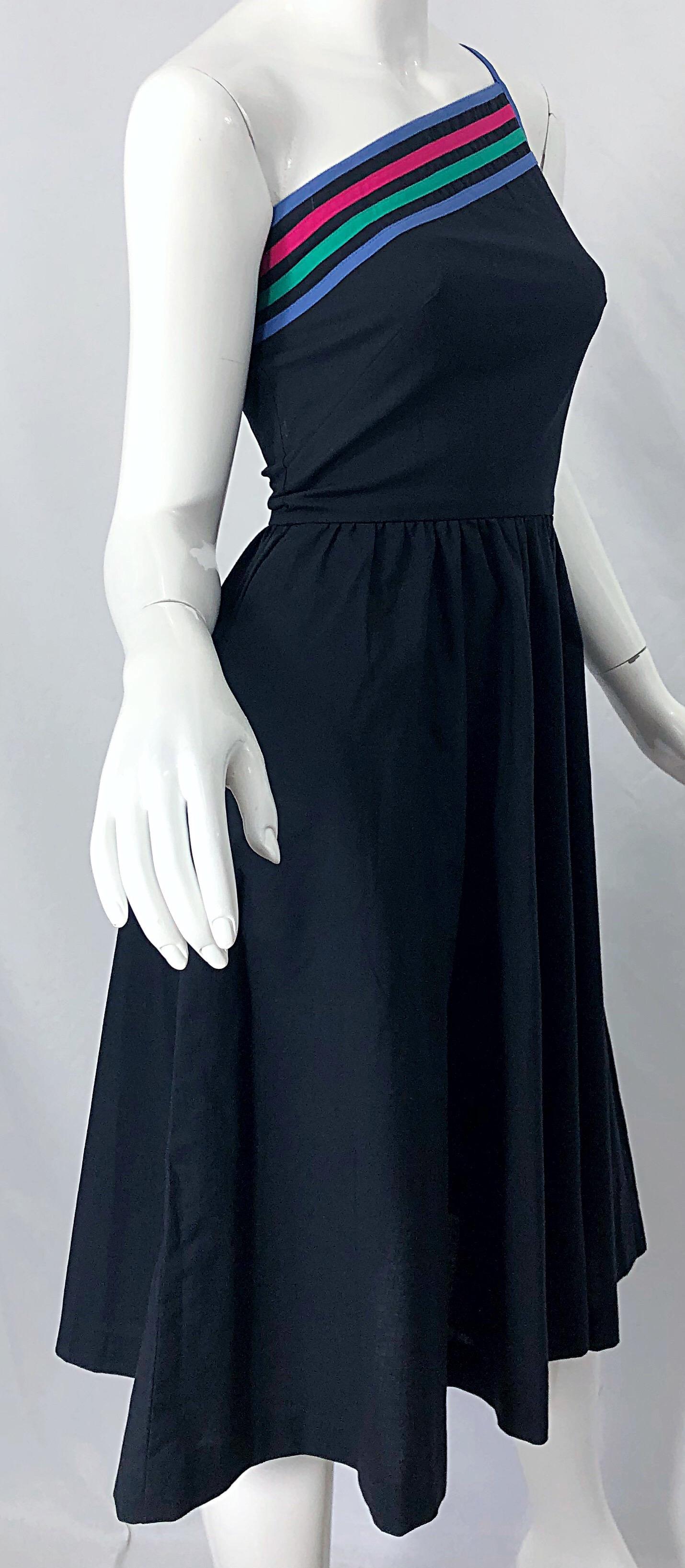 1980s Black One Shoulder Cotton Fit n ' Flare Vintage 80s Striped Dress For Sale 6