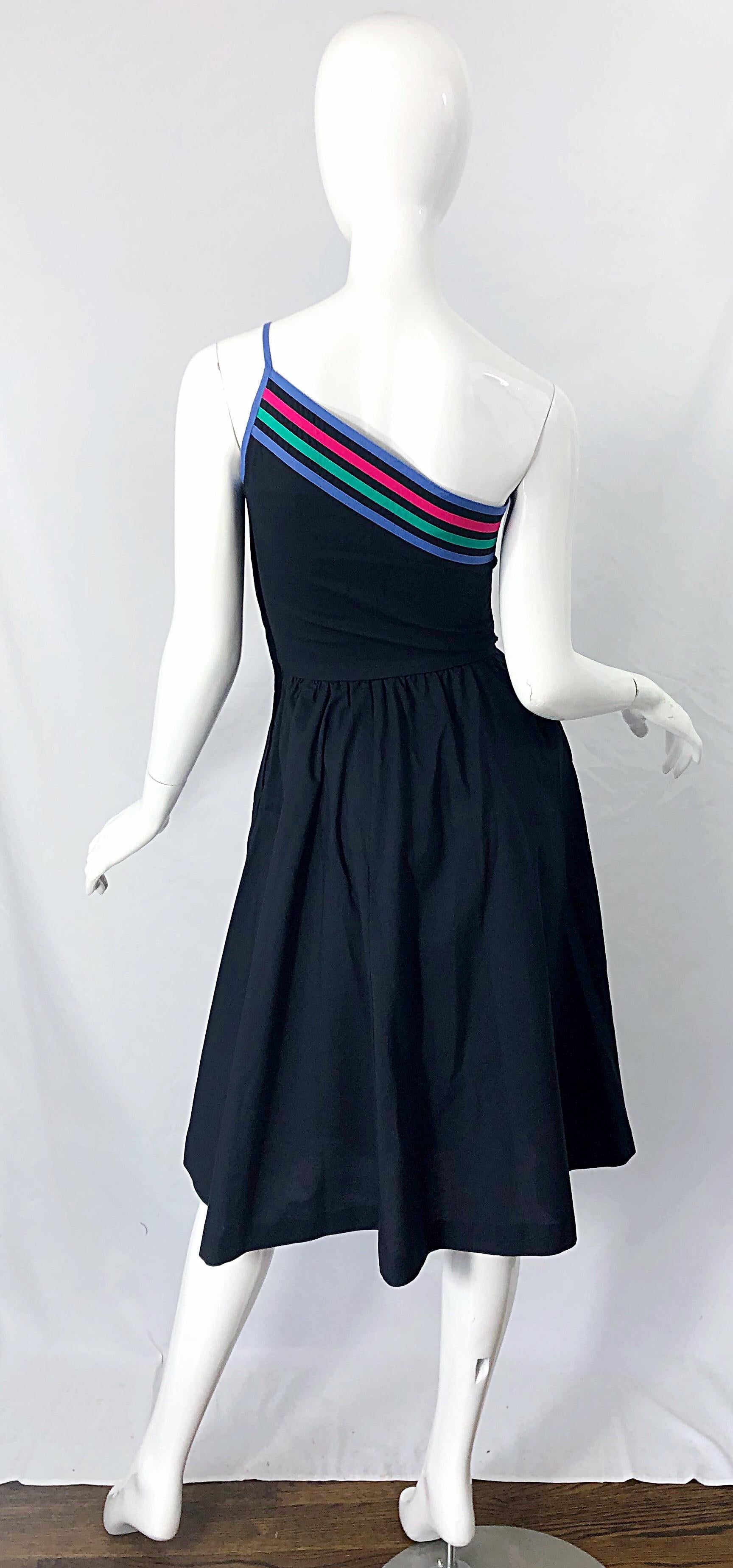1980s Black One Shoulder Cotton Fit n ' Flare Vintage 80s Striped Dress For Sale 7