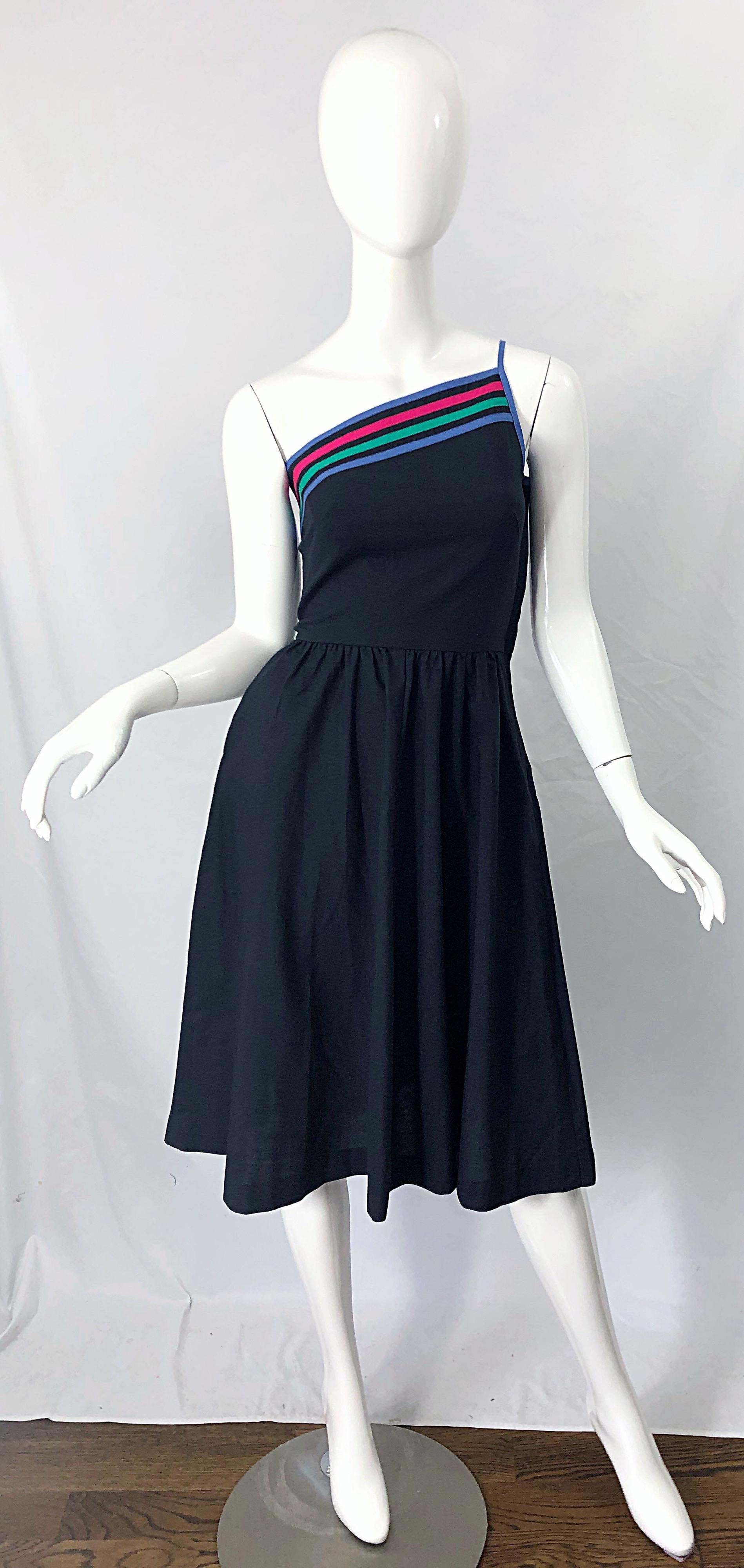 1980s Black One Shoulder Cotton Fit n ' Flare Vintage 80s Striped Dress For Sale 8