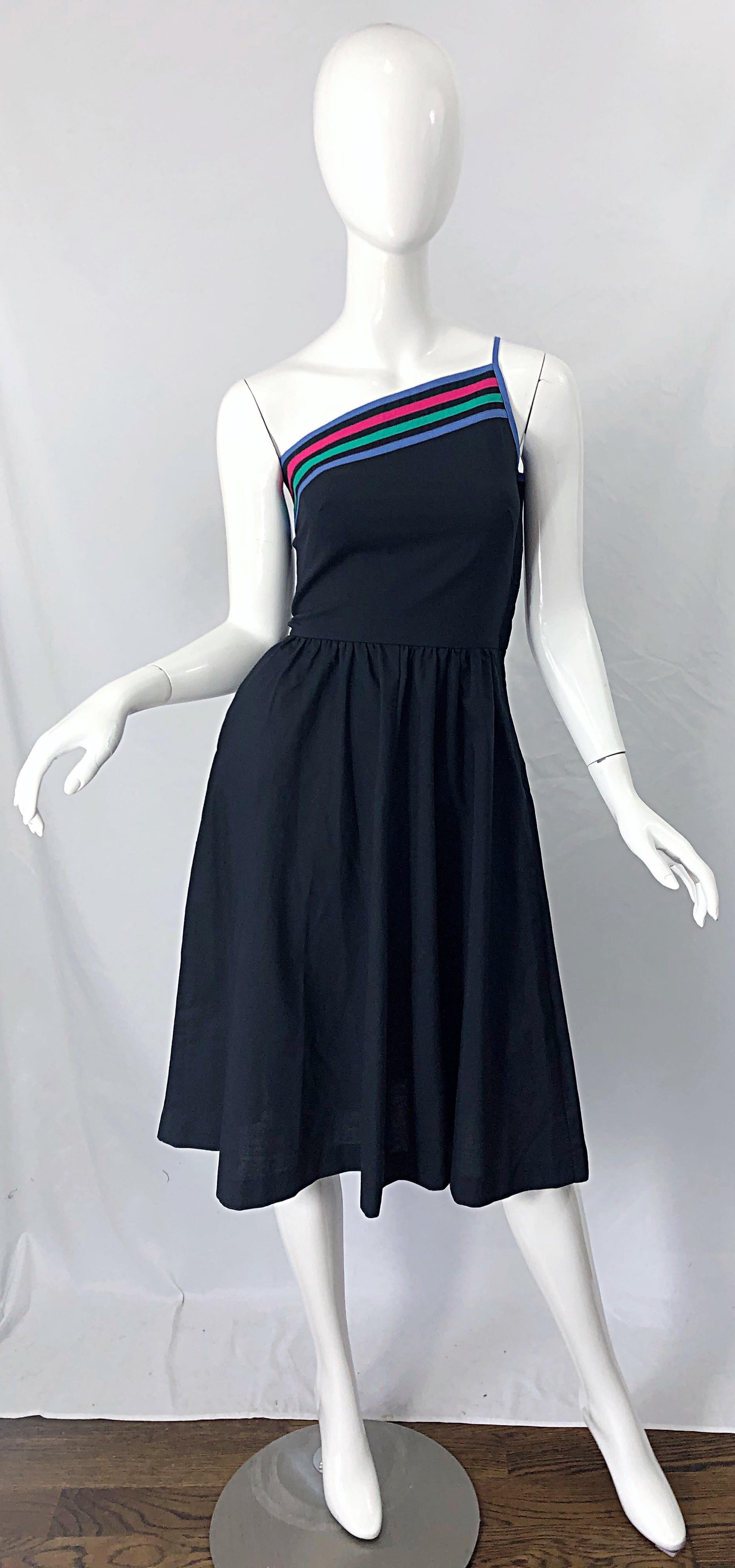 1980s Black One Shoulder Cotton Fit n ' Flare Vintage 80s Striped Dress For Sale 9