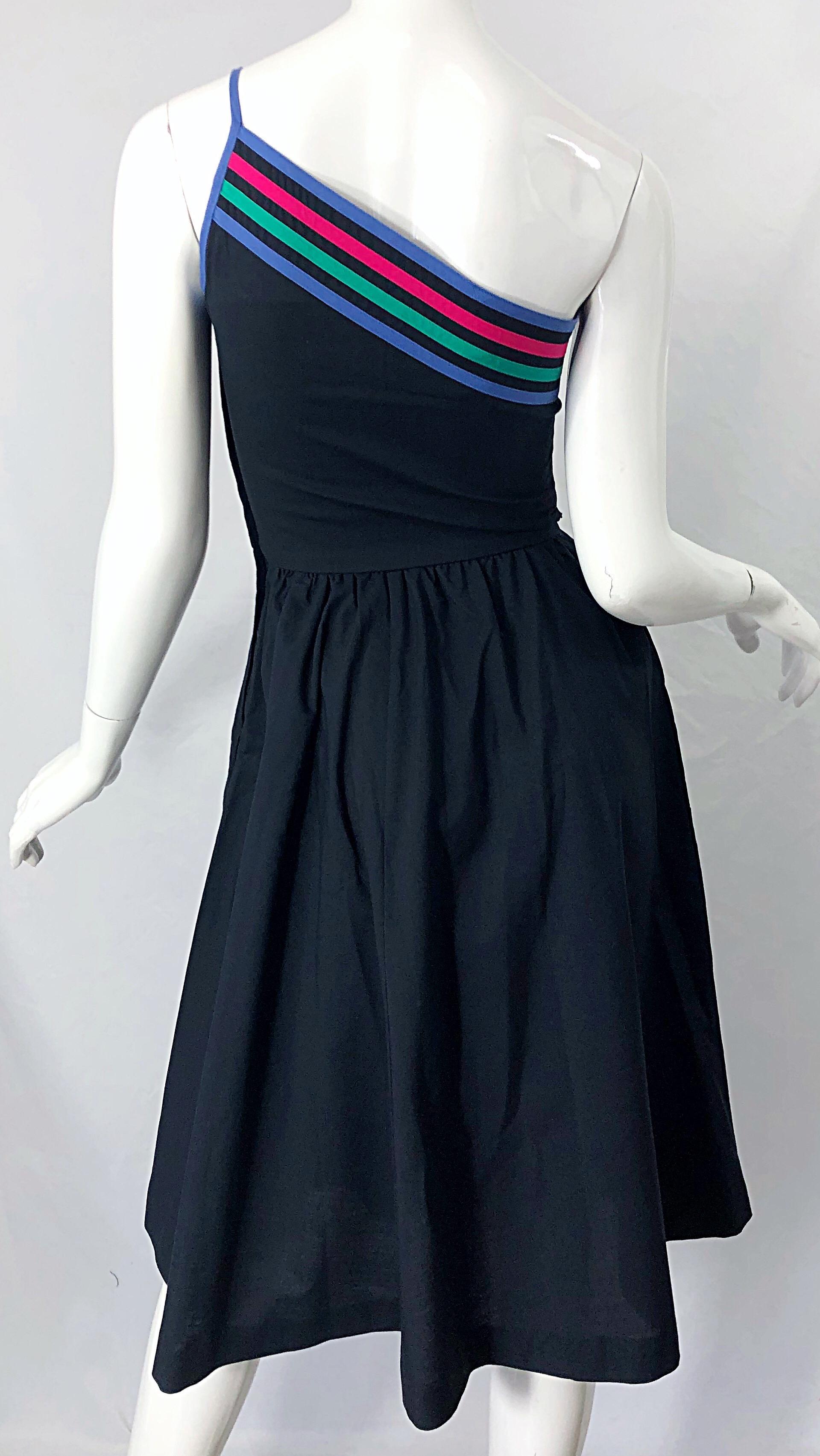 1980s Black One Shoulder Cotton Fit n ' Flare Vintage 80s Striped Dress For Sale 1