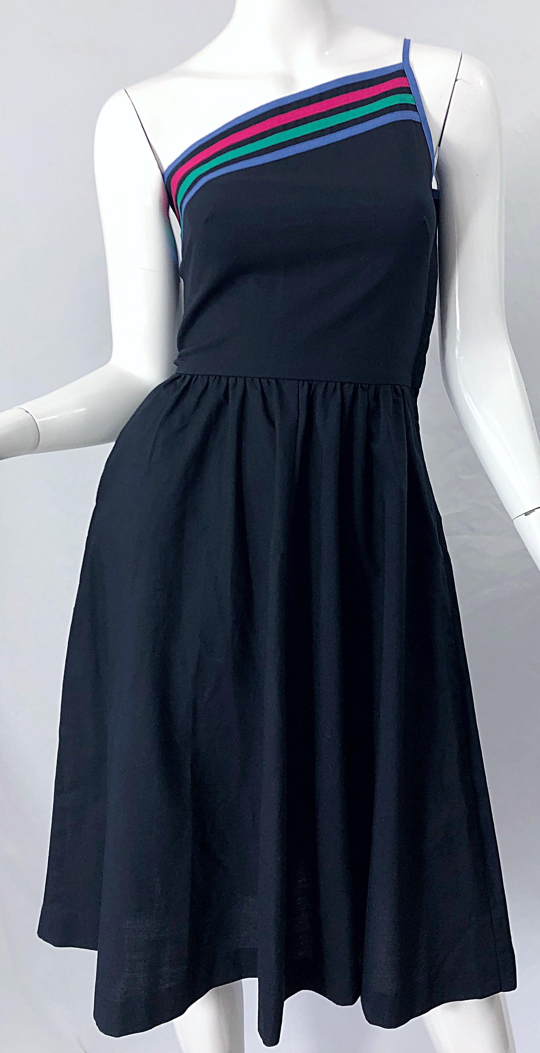 1980s Black One Shoulder Cotton Fit n ' Flare Vintage 80s Striped Dress For Sale 2