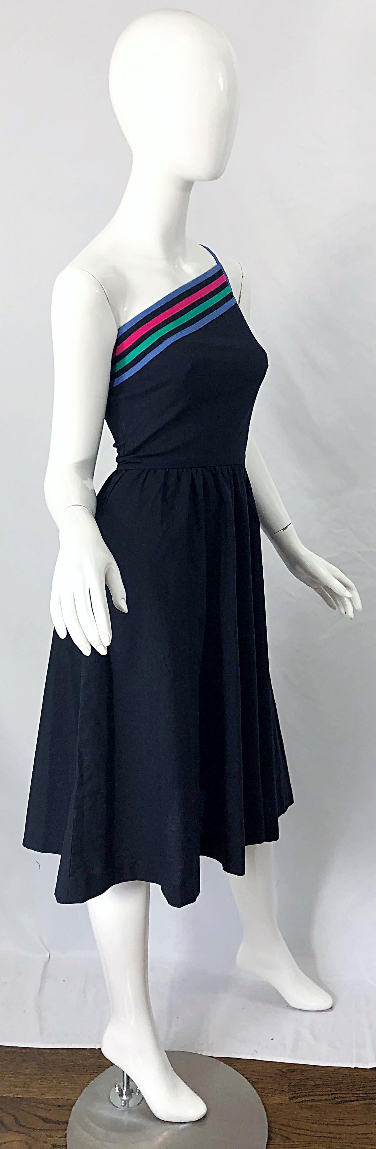 1980s Black One Shoulder Cotton Fit n ' Flare Vintage 80s Striped Dress For Sale 3