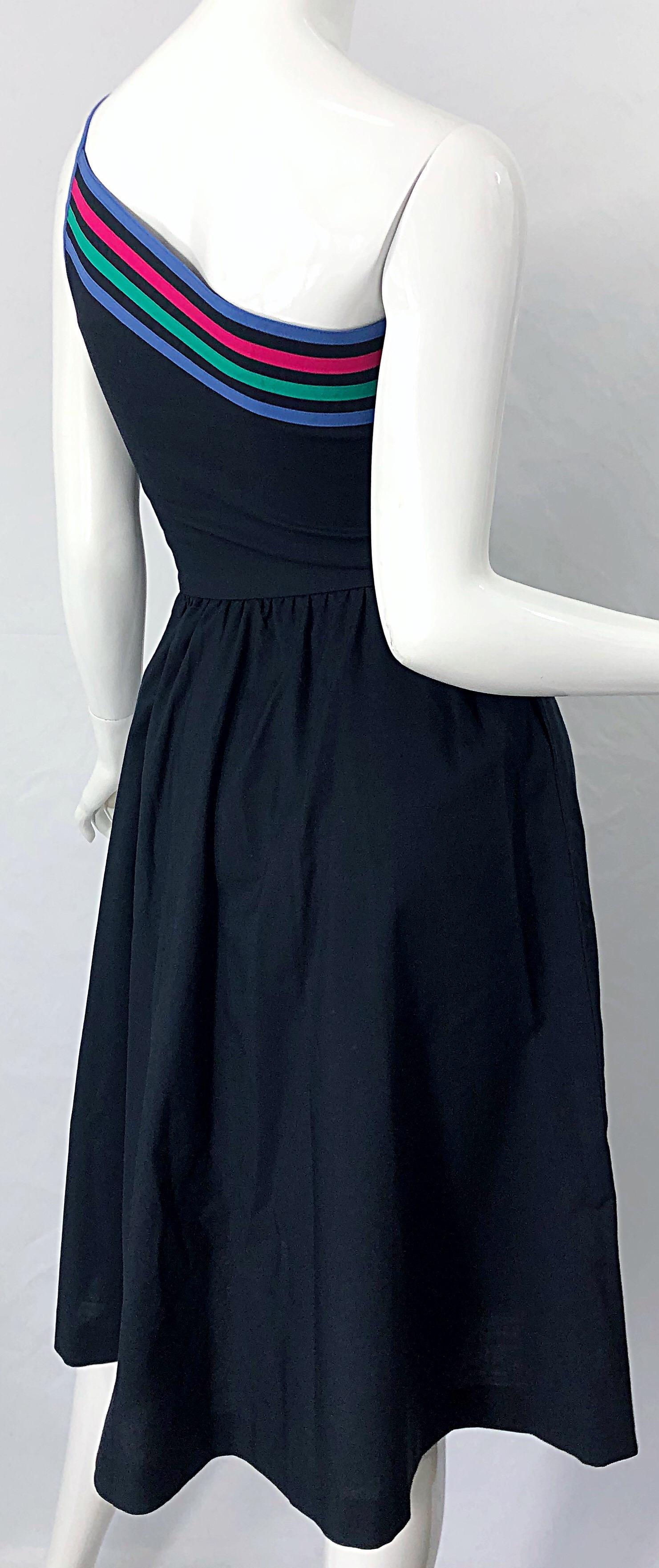 1980s Black One Shoulder Cotton Fit n ' Flare Vintage 80s Striped Dress For Sale 4