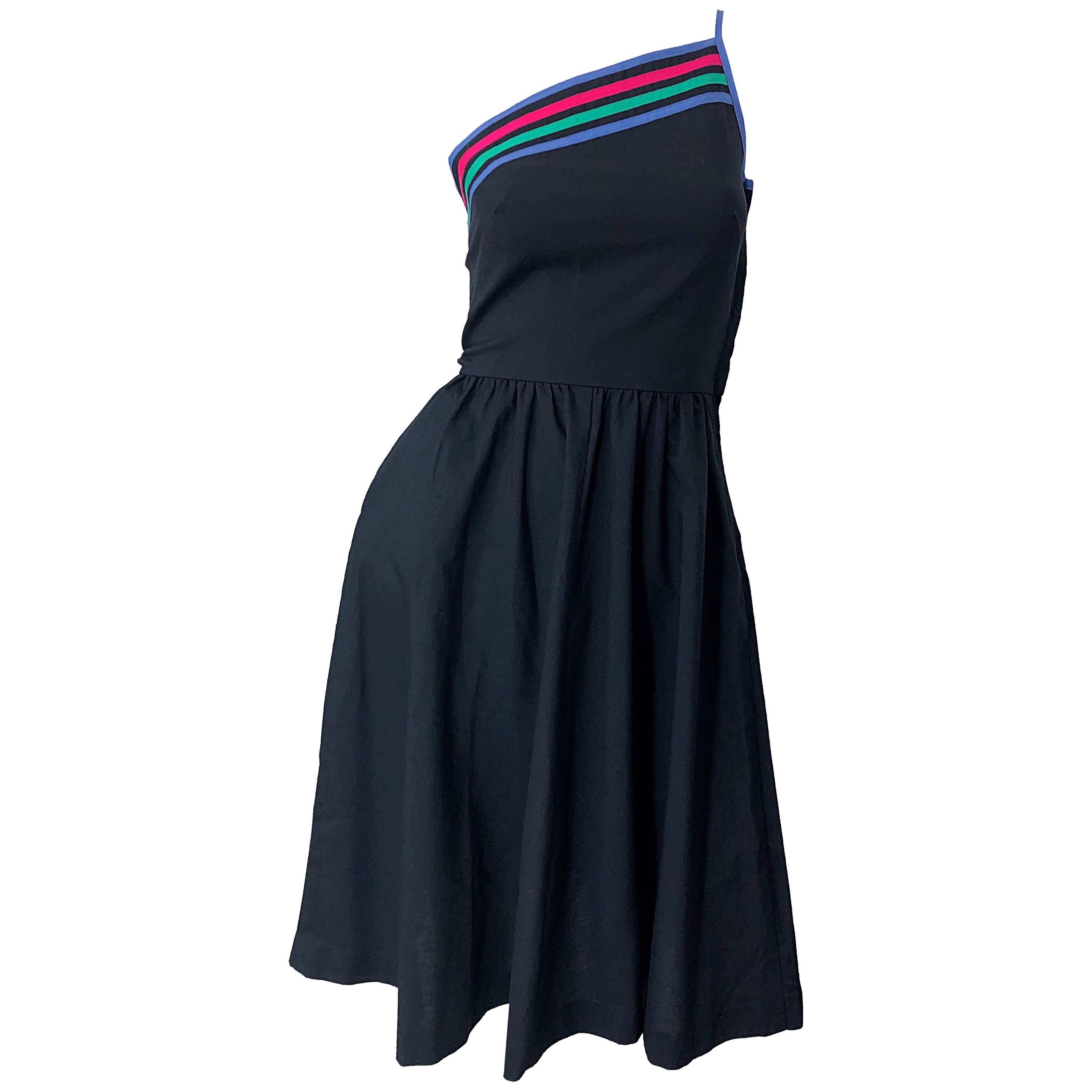 1980s Black One Shoulder Cotton Fit n ' Flare Vintage 80s Striped Dress For Sale