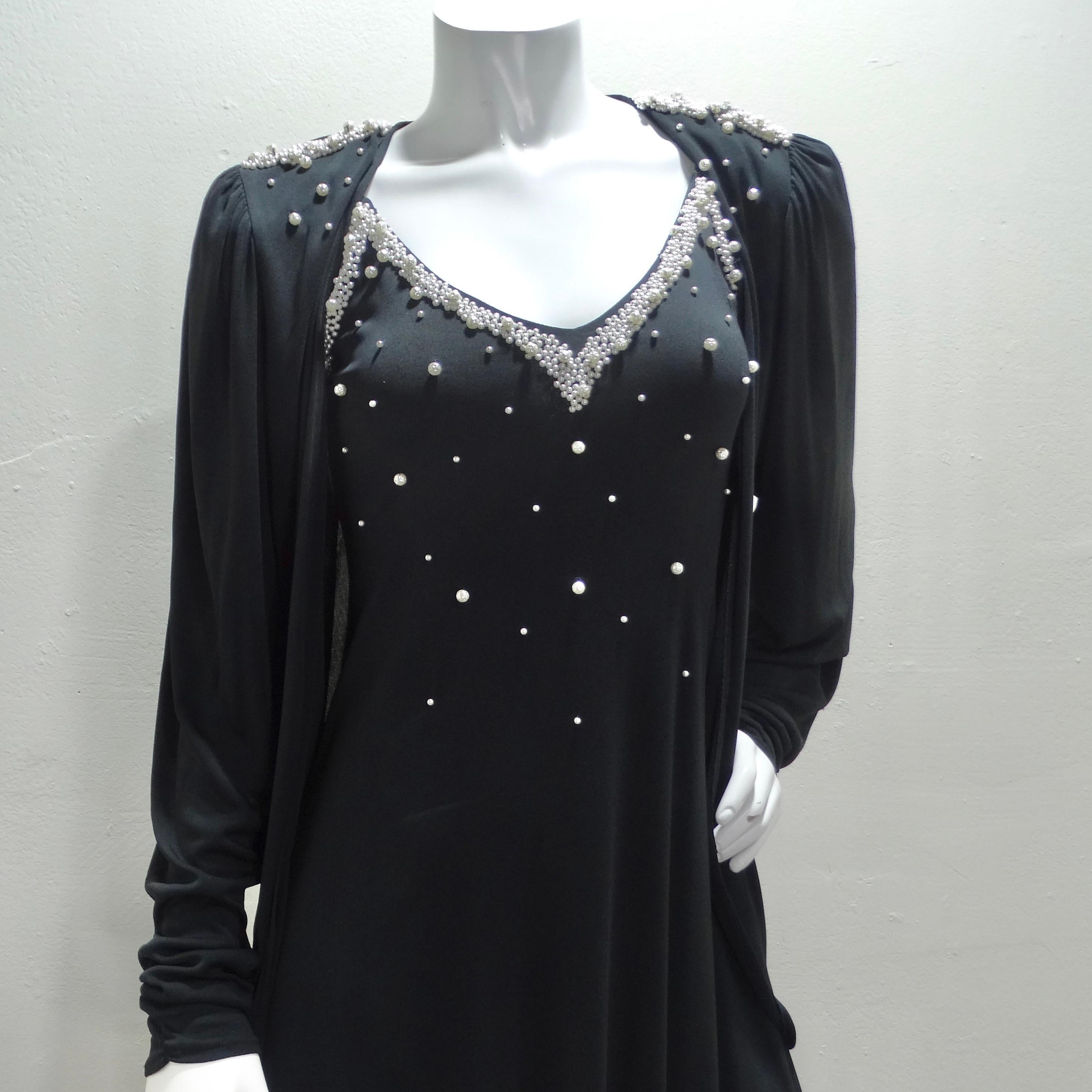 Women's or Men's 1980s Black Pearl Beaded Maxi Dress and Cardigan Set For Sale