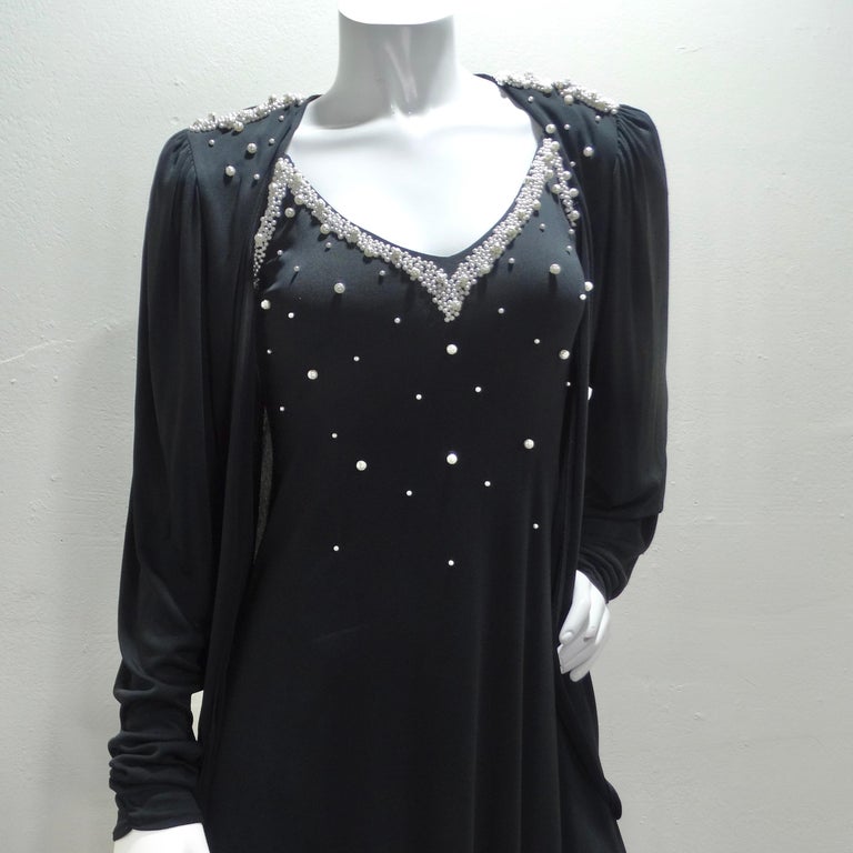 1980s Black Pearl Beaded Maxi Dress And Cardigan Set
