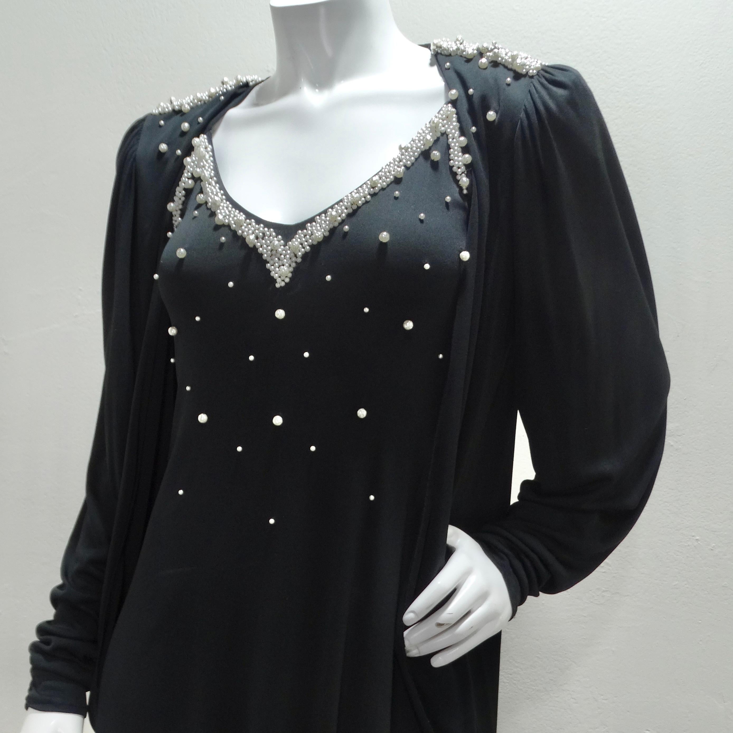 1980s Black Pearl Beaded Maxi Dress and Cardigan Set For Sale 1