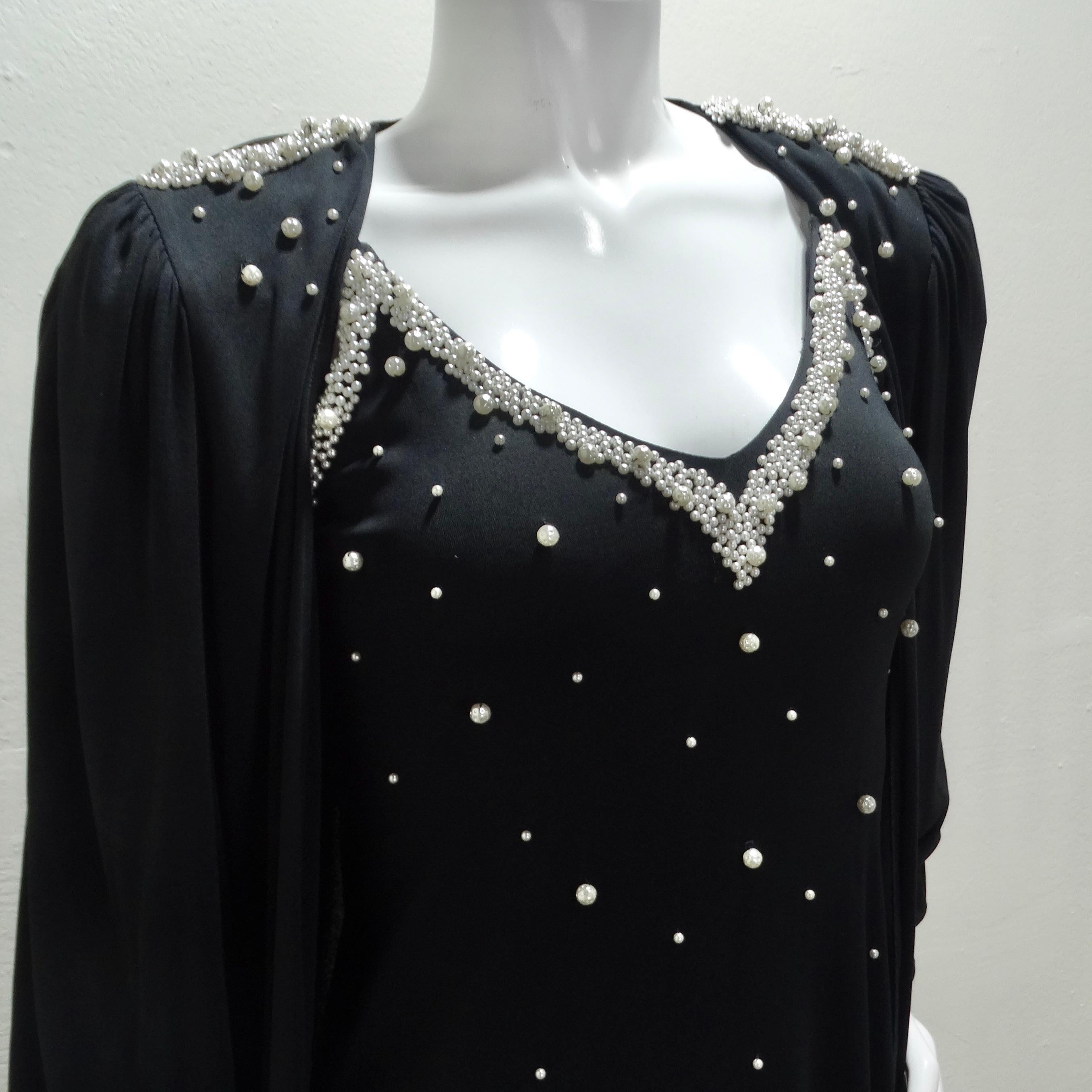 1980s Black Pearl Beaded Maxi Dress and Cardigan Set For Sale 2