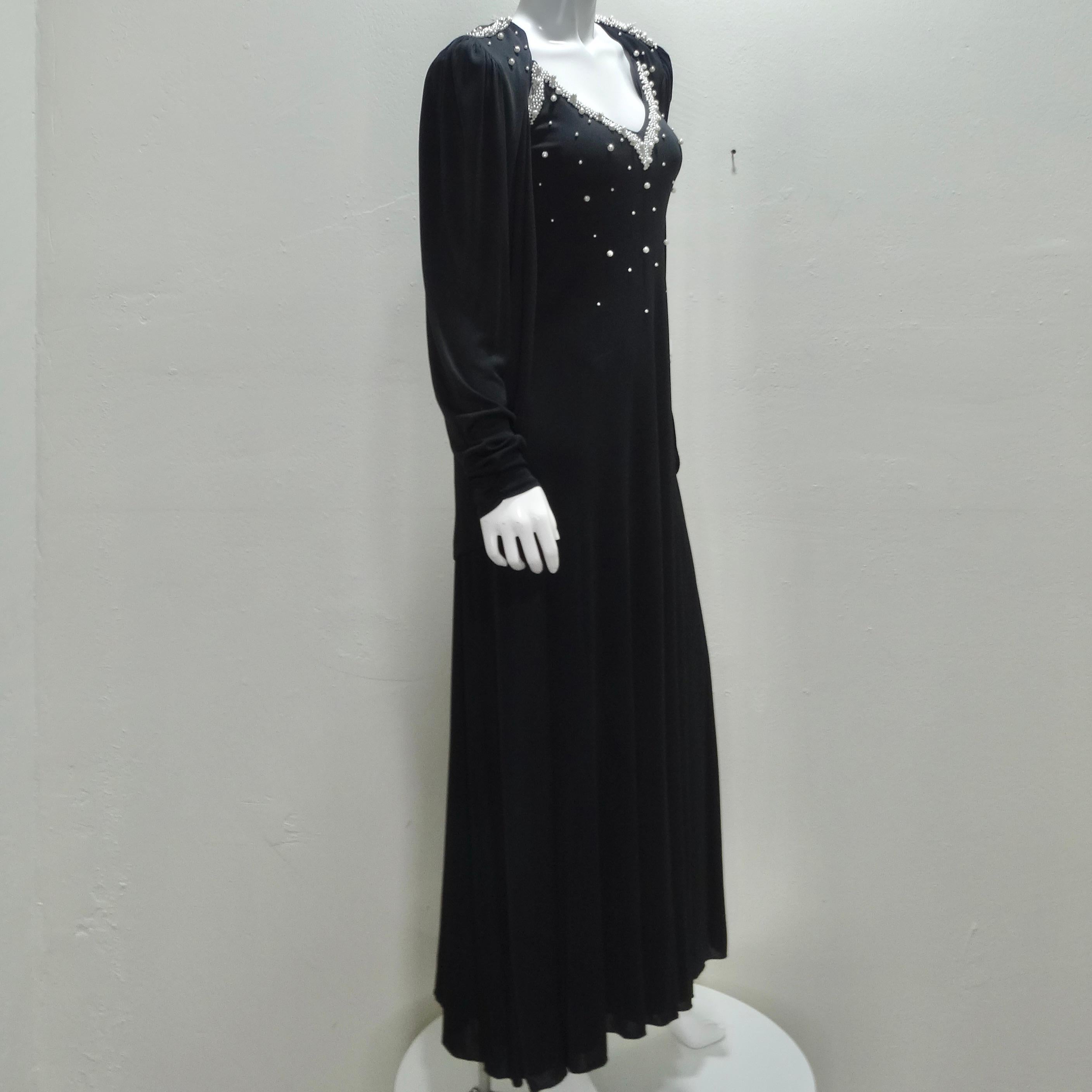 1980s Black Pearl Beaded Maxi Dress and Cardigan Set For Sale 3