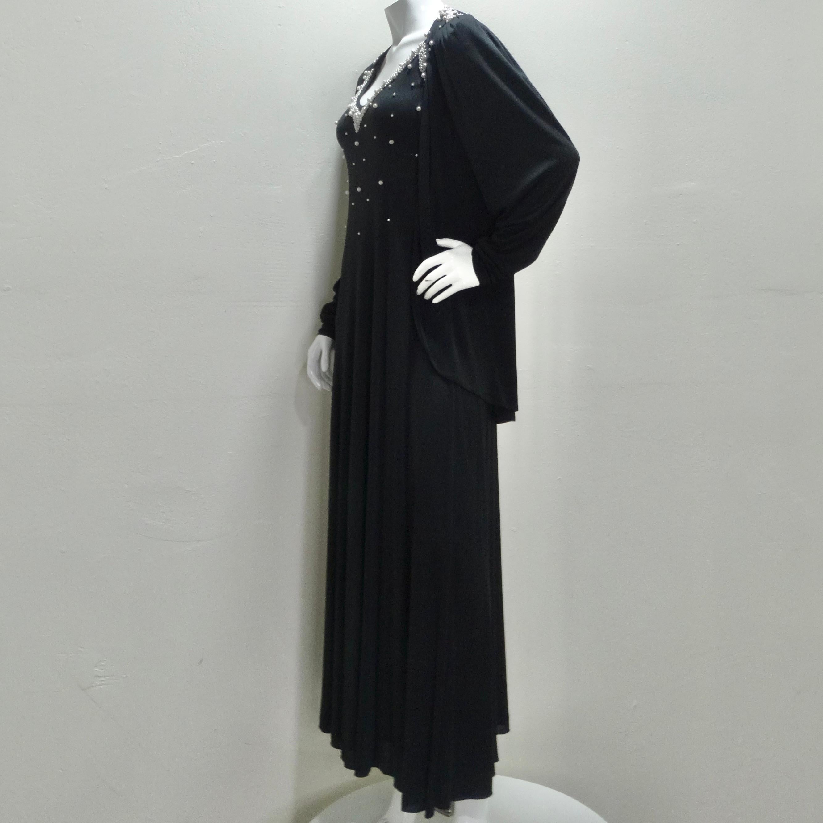 1980s Black Pearl Beaded Maxi Dress and Cardigan Set For Sale 5