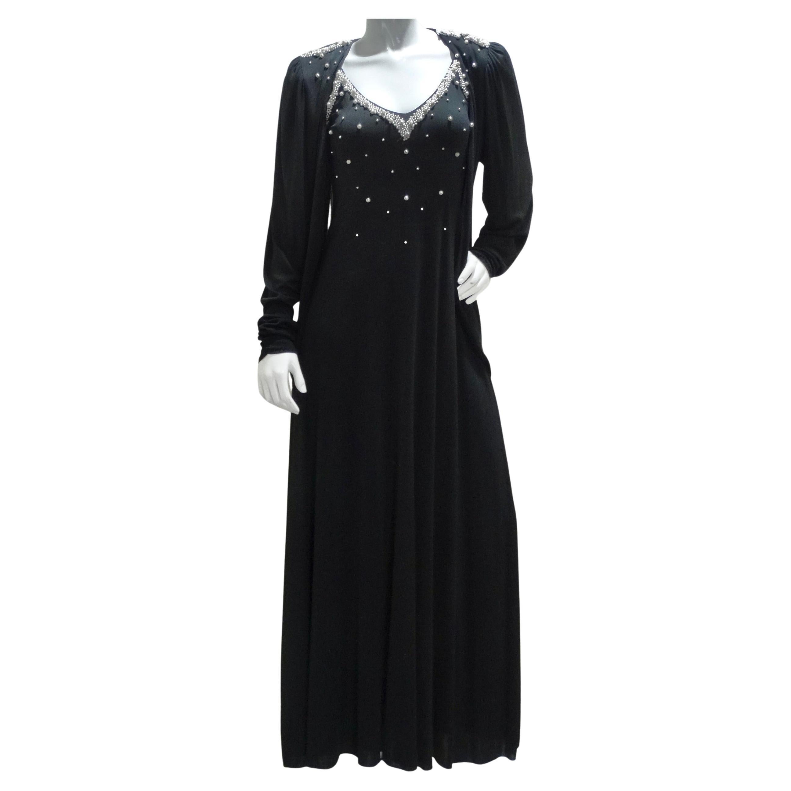 1980s Black Pearl Beaded Maxi Dress and Cardigan Set For Sale