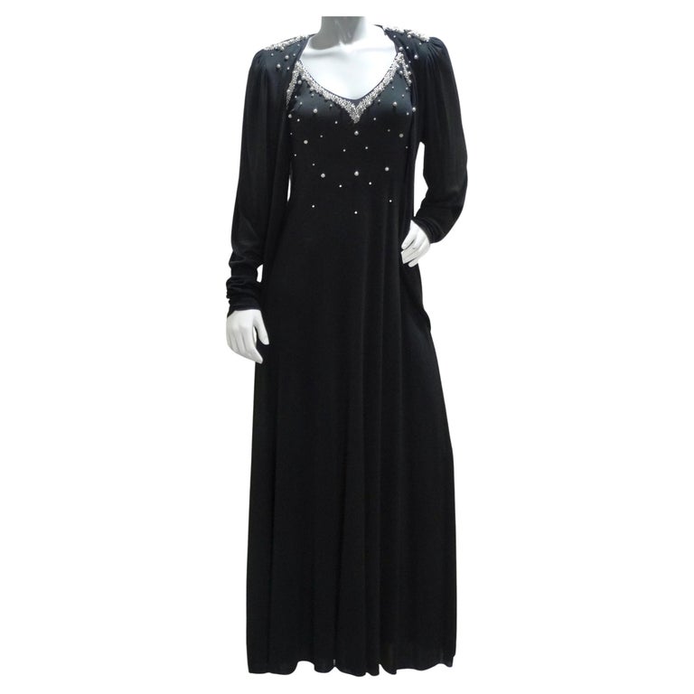 1980s Black Pearl Beaded Maxi Dress and Cardigan Set For Sale at 1stDibs