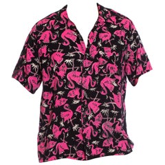 Vintage 1980S Black & Pink Rayon Tie Dye Flamingo Printed Mens Hawaiian Shirt