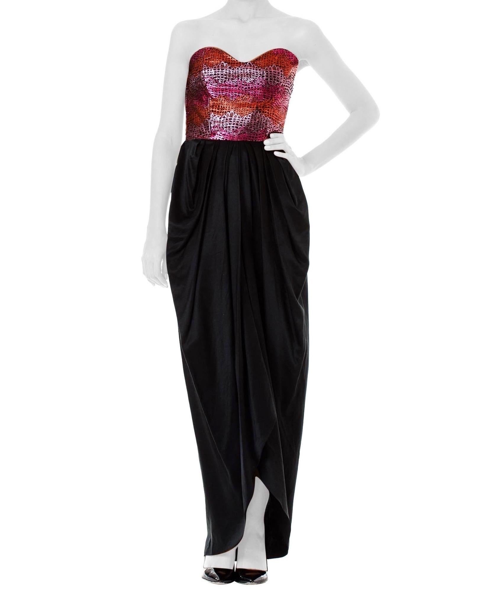 1980S Black & Pink Silk Lurex Satin Lamé Jacquard Strapless Bodice Gown For Sale 3