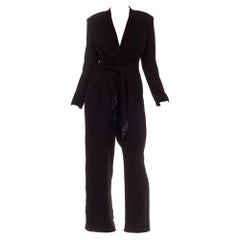 jumpsuit styles with crepe material 1980S Black Polyester Acetate Blend Crepe High Waisted Wrap Top Jumpsuit