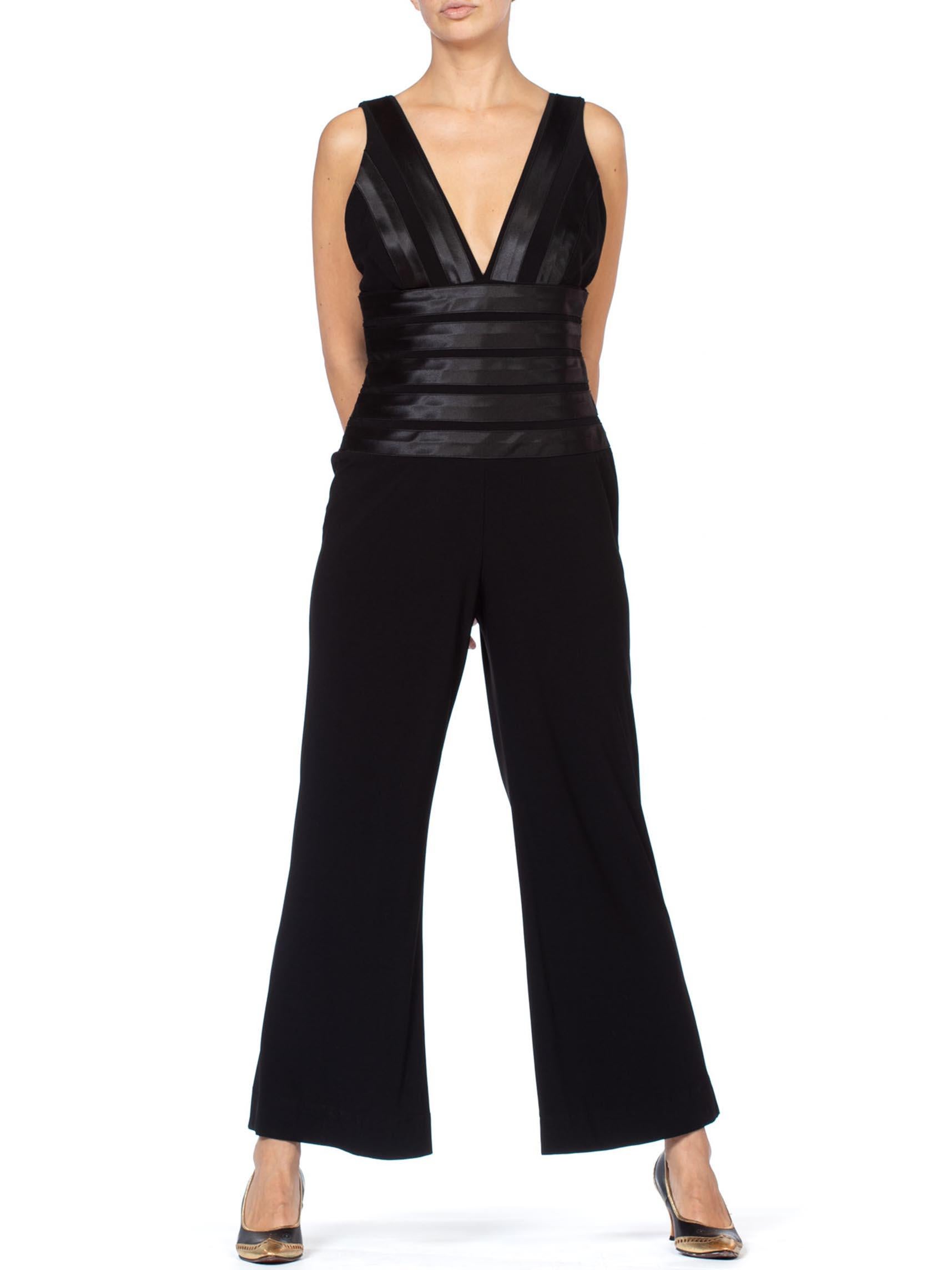 Women's 1980S Black Polyester Jumpsuit With Satin Stripe Details
