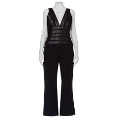 1980S Black Polyester Jumpsuit With Satin Stripe Details