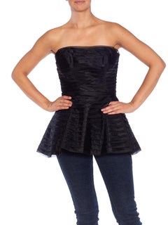 1980S Black Polyester Organza Pleated, Strapless Top