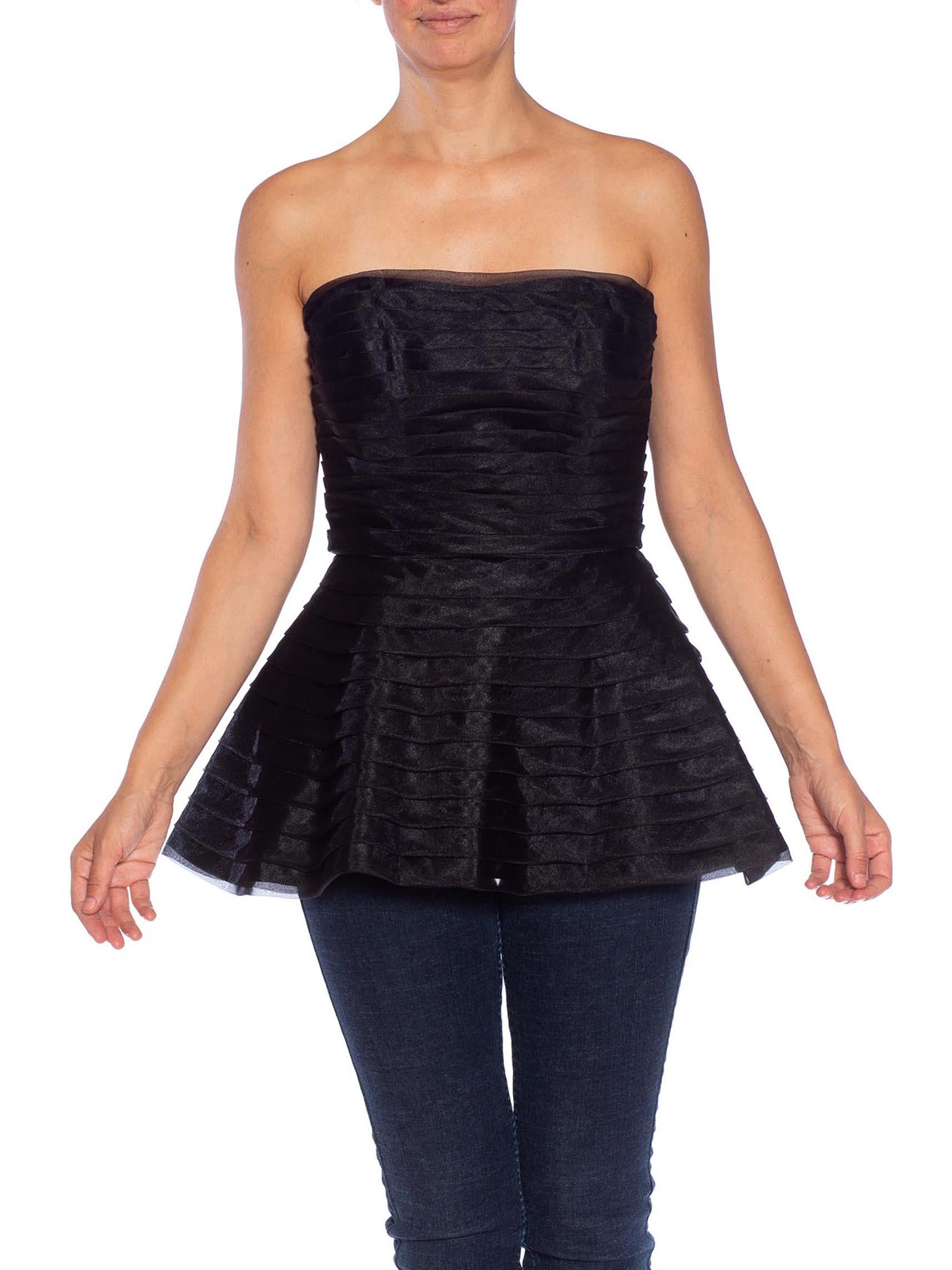 1980S Black Polyester Organza Pleated, Strapless Top For Sale 3
