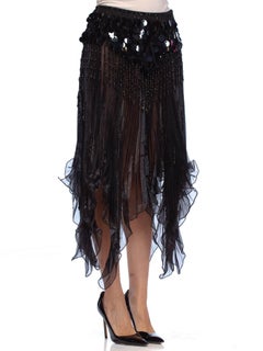 1980S Black Polyester Pleated Organza Skirt With Beaded Fringe