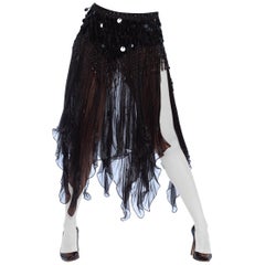 1980S Black Polyester Pleated Organza Skirt With Beaded Fringe