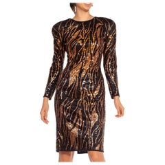 1980S Black Polyester Tricot Jersey Tiger Striped Mirror Sequined Cocktail Dress