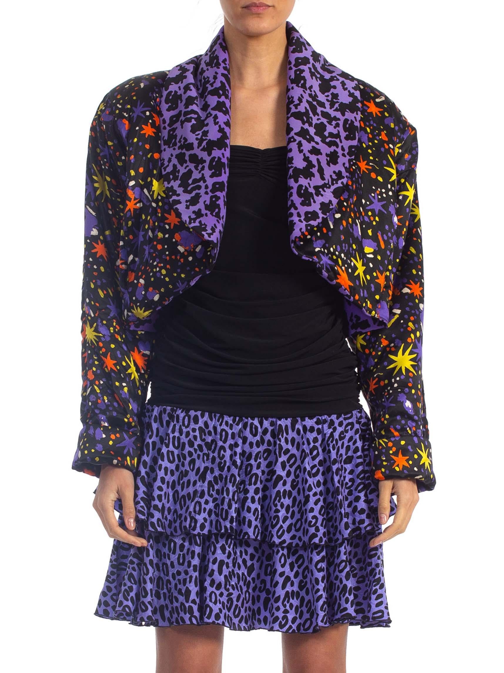 1980S Black & Purple Silk Stretch Body-Con Cocktail Dress With Epic Giant Shoulder Pad Jacket