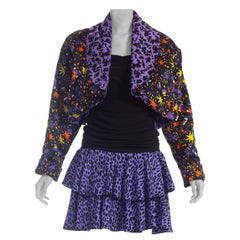 Vintage 1980S Black & Purple Silk Stretch Body-Con Cocktail Dress With Epic Giant Shoul