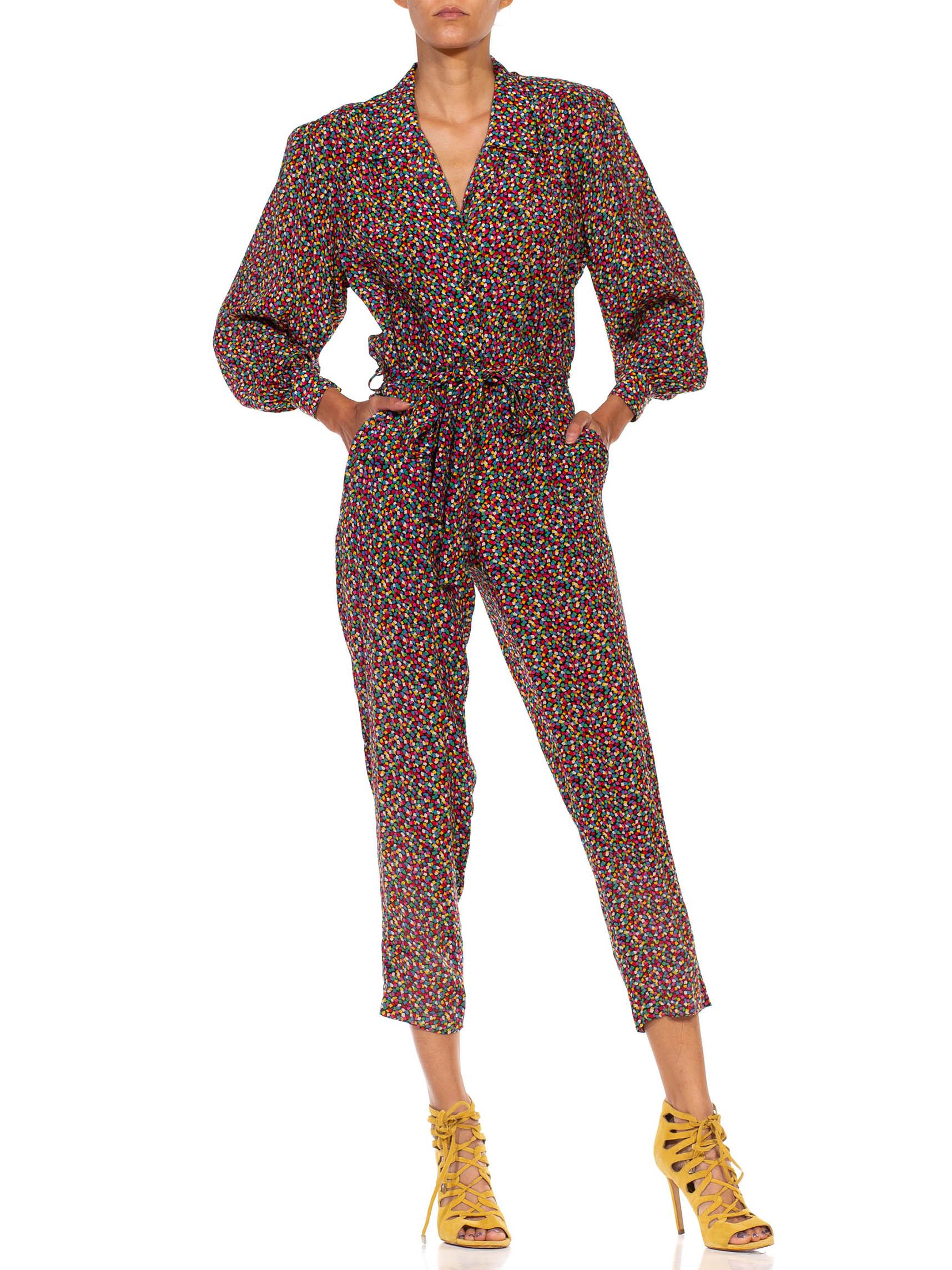 Brown 1980S Black & Rainbow Rayon Ditsy Geometric Print Jumpsuit With Padded Shoulders For Sale