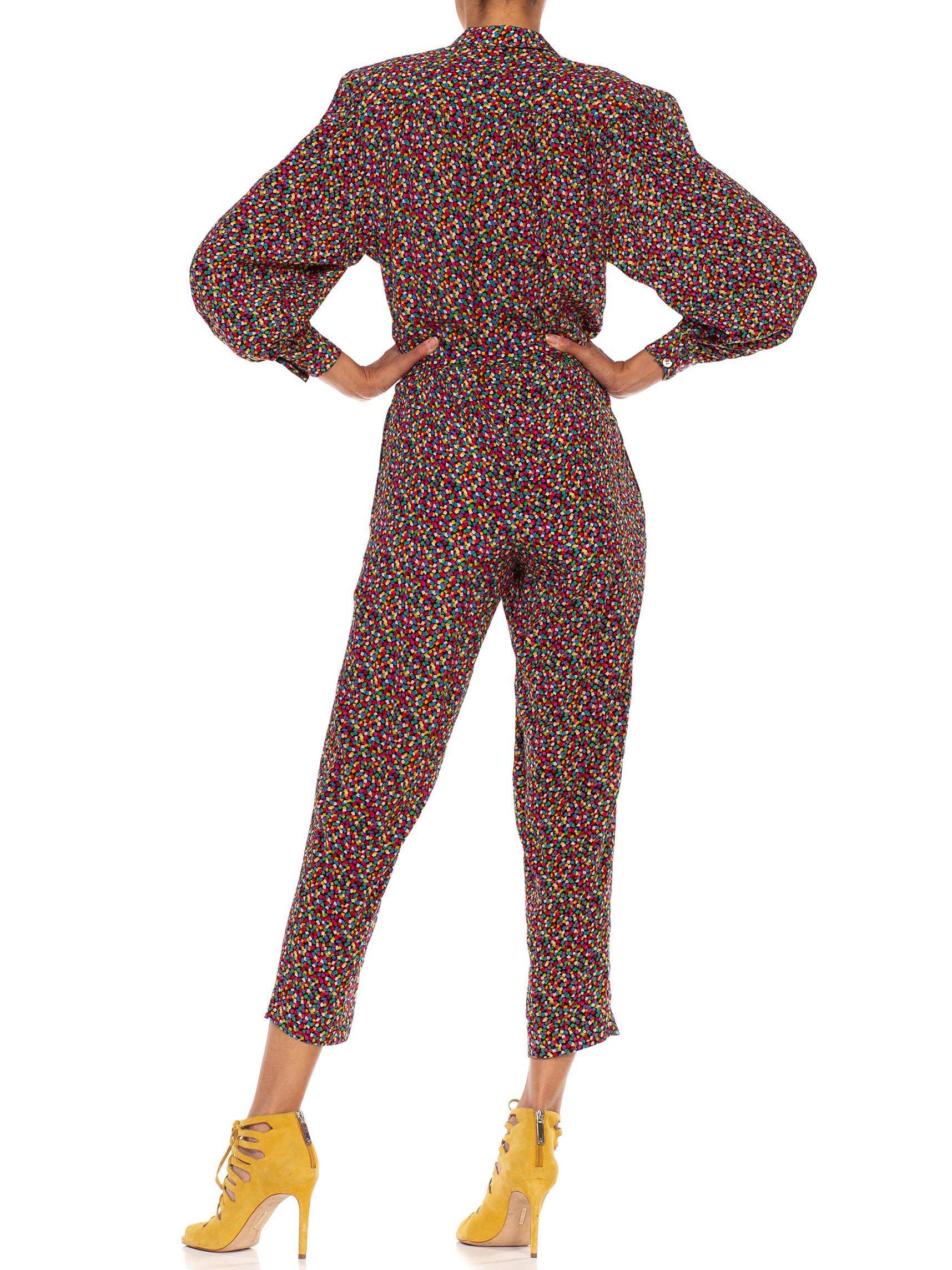 Women's 1980S Black & Rainbow Rayon Ditsy Geometric Print Jumpsuit With Padded Shoulders For Sale