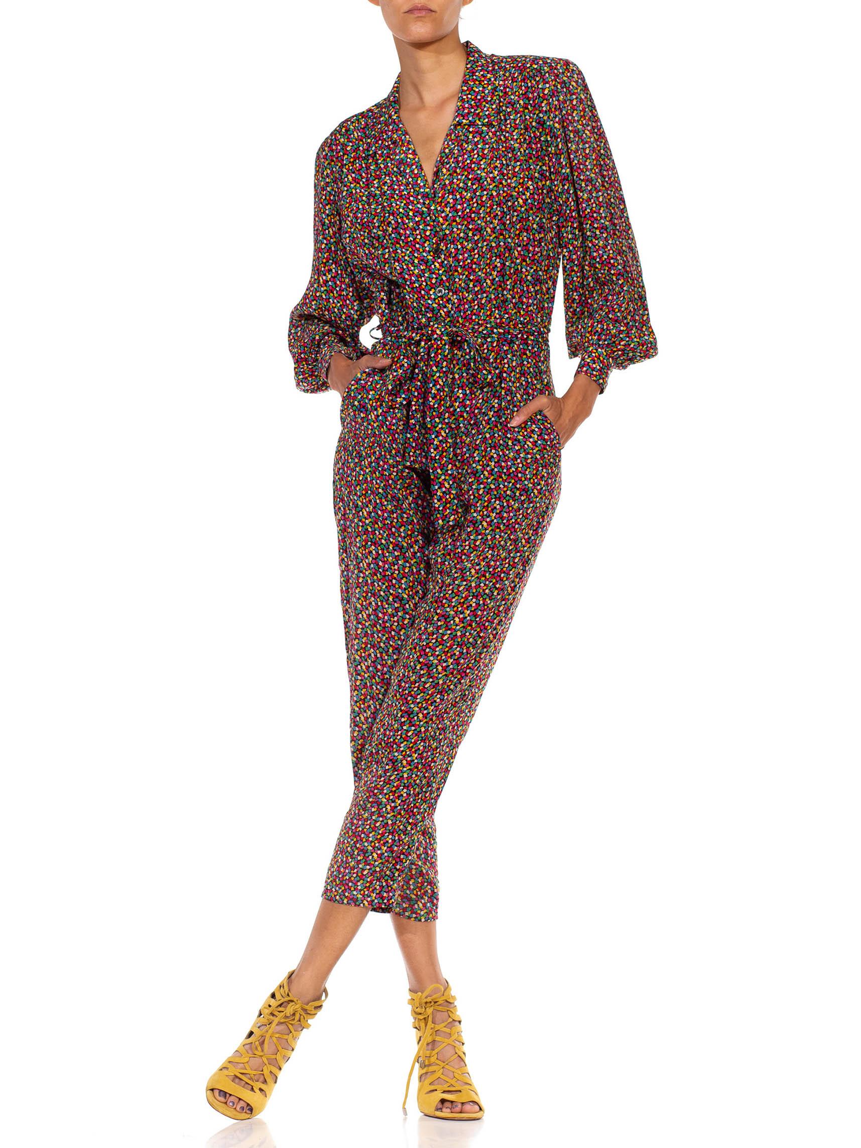 1980S Black & Rainbow Rayon Ditsy Geometric Print Jumpsuit With Padded Shoulders For Sale 1