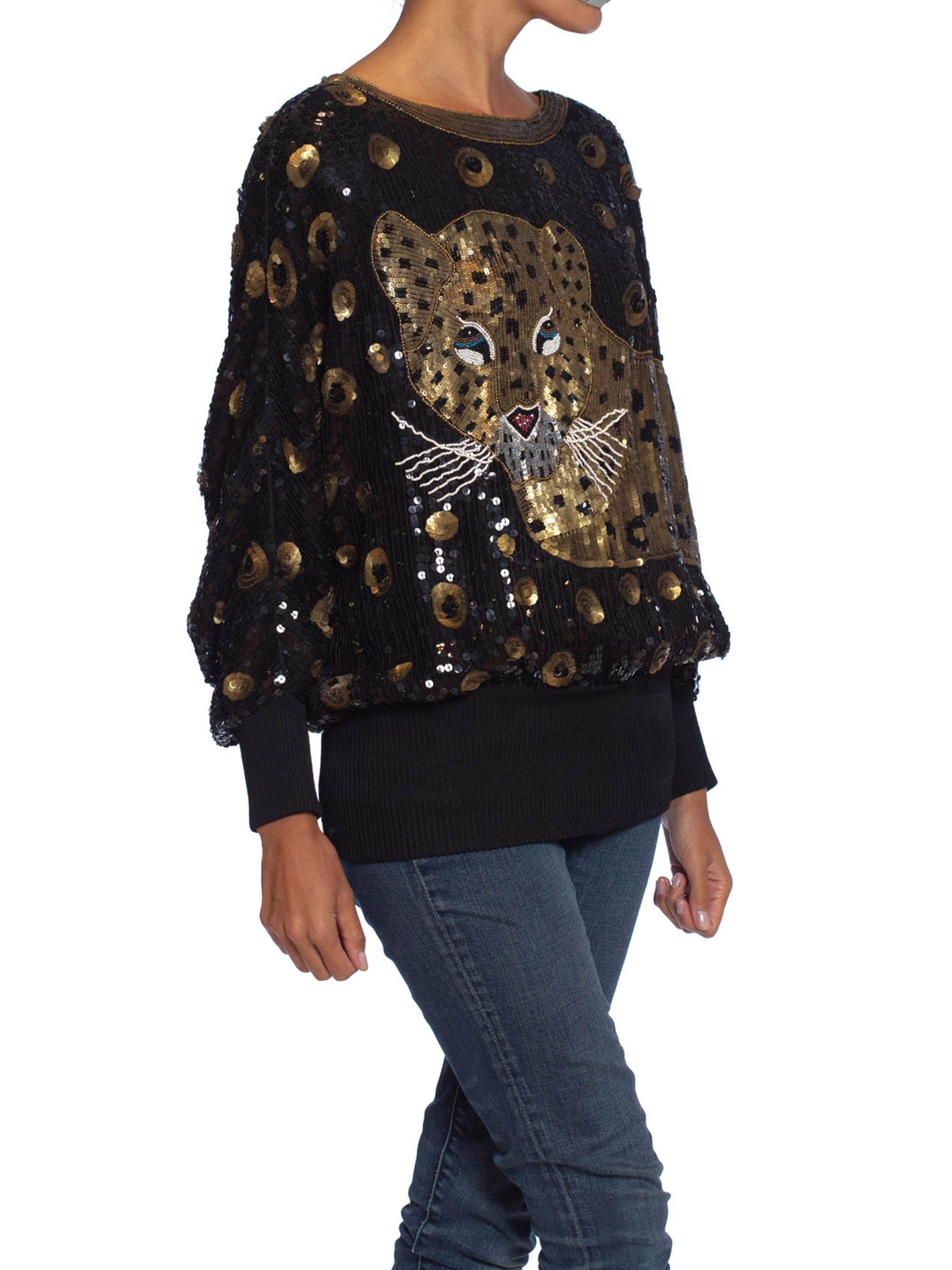 1980S Black Rayon Beaded Leopard Sequin Oversized Top In Excellent Condition In New York, NY