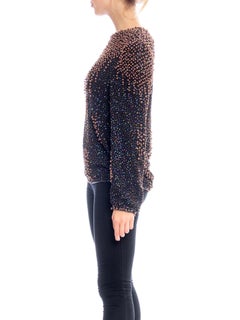1980S Black Rayon Chiffon Hand Beaded Long Sleeve Blouse With Copper Pearls