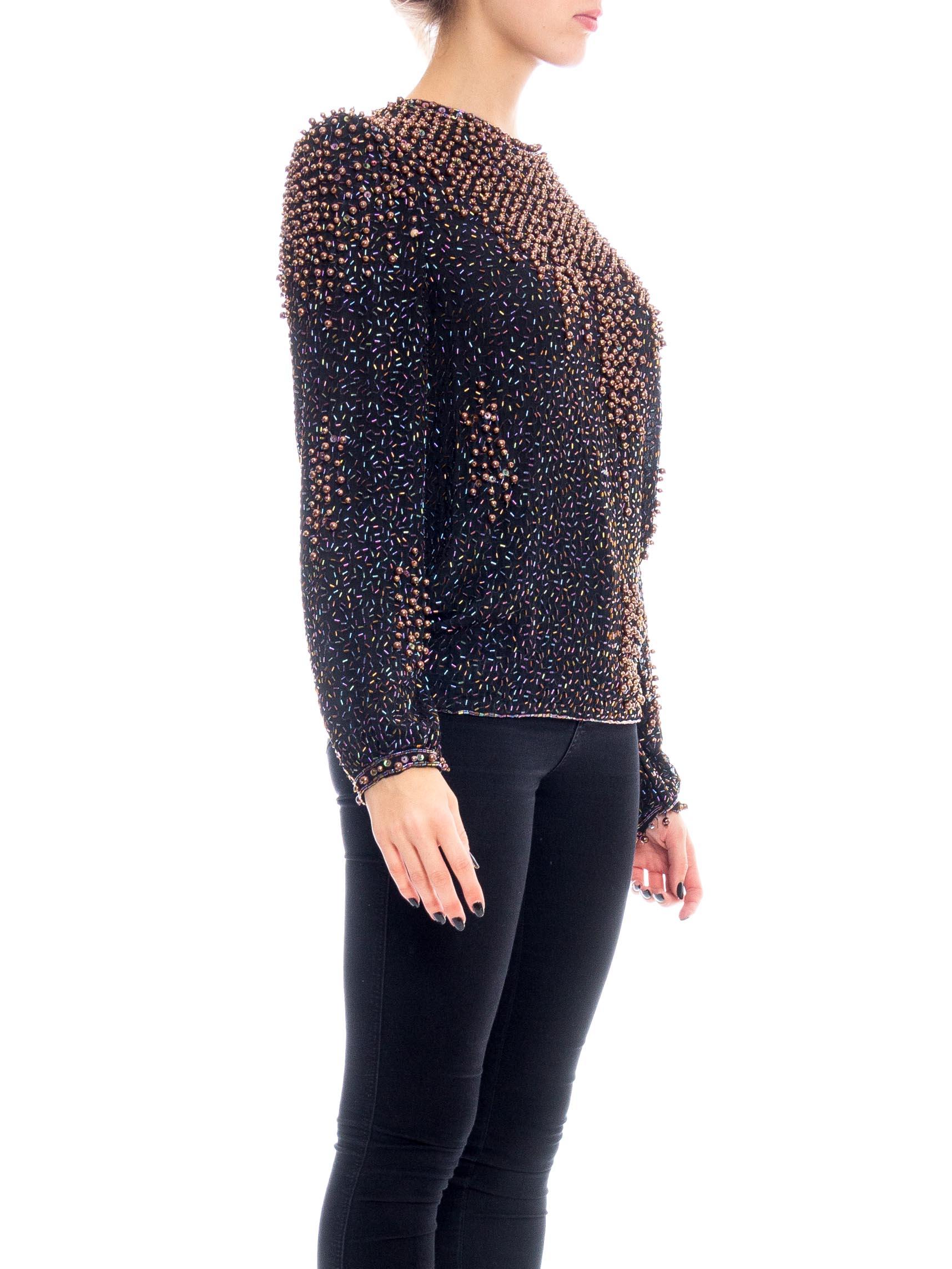 Women's 1980S Black Rayon Chiffon Hand Beaded Long Sleeve Blouse With Copper Pearls