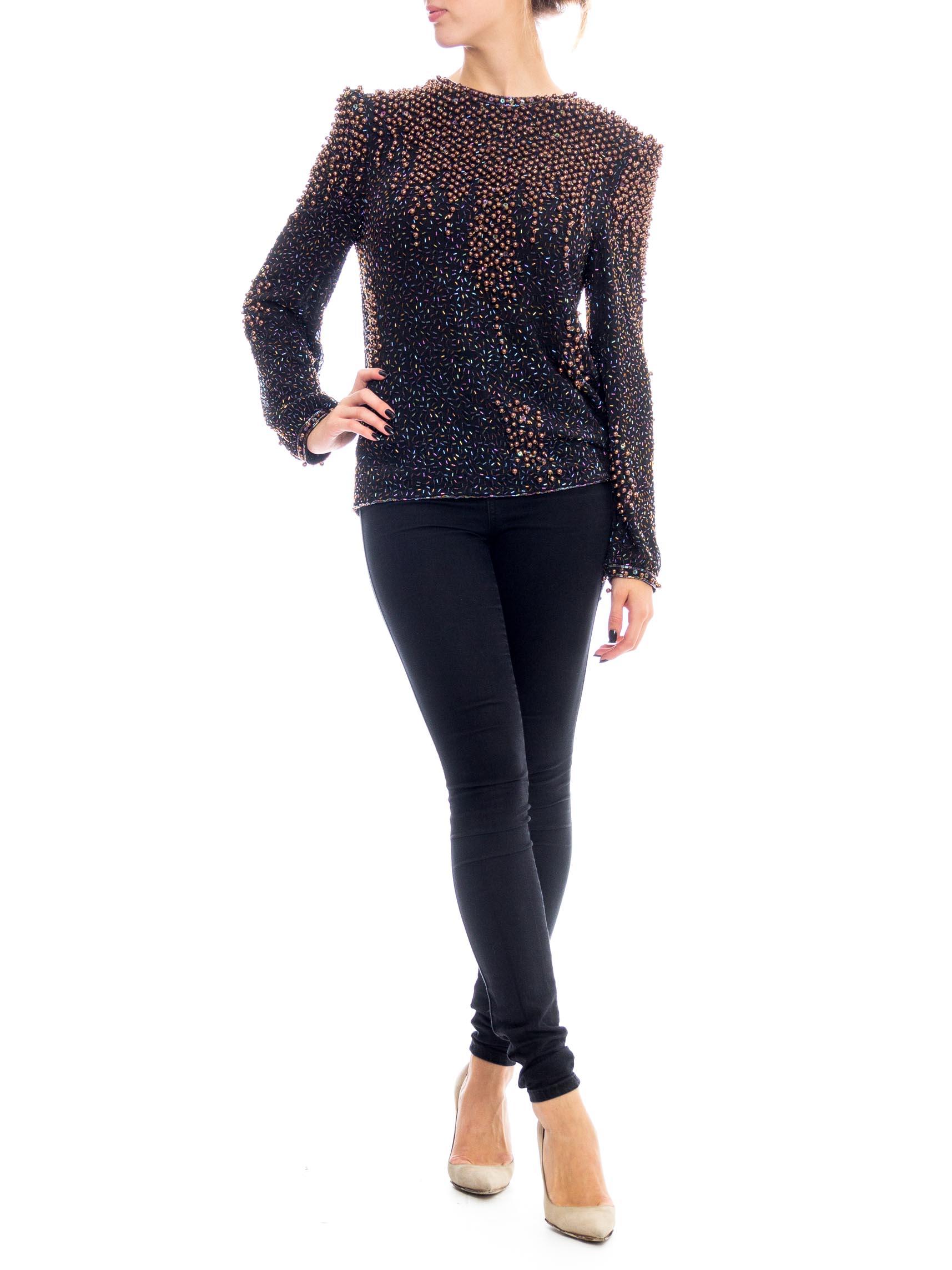 1980S Black Rayon Chiffon Hand Beaded Long Sleeve Blouse With Copper Pearls 1