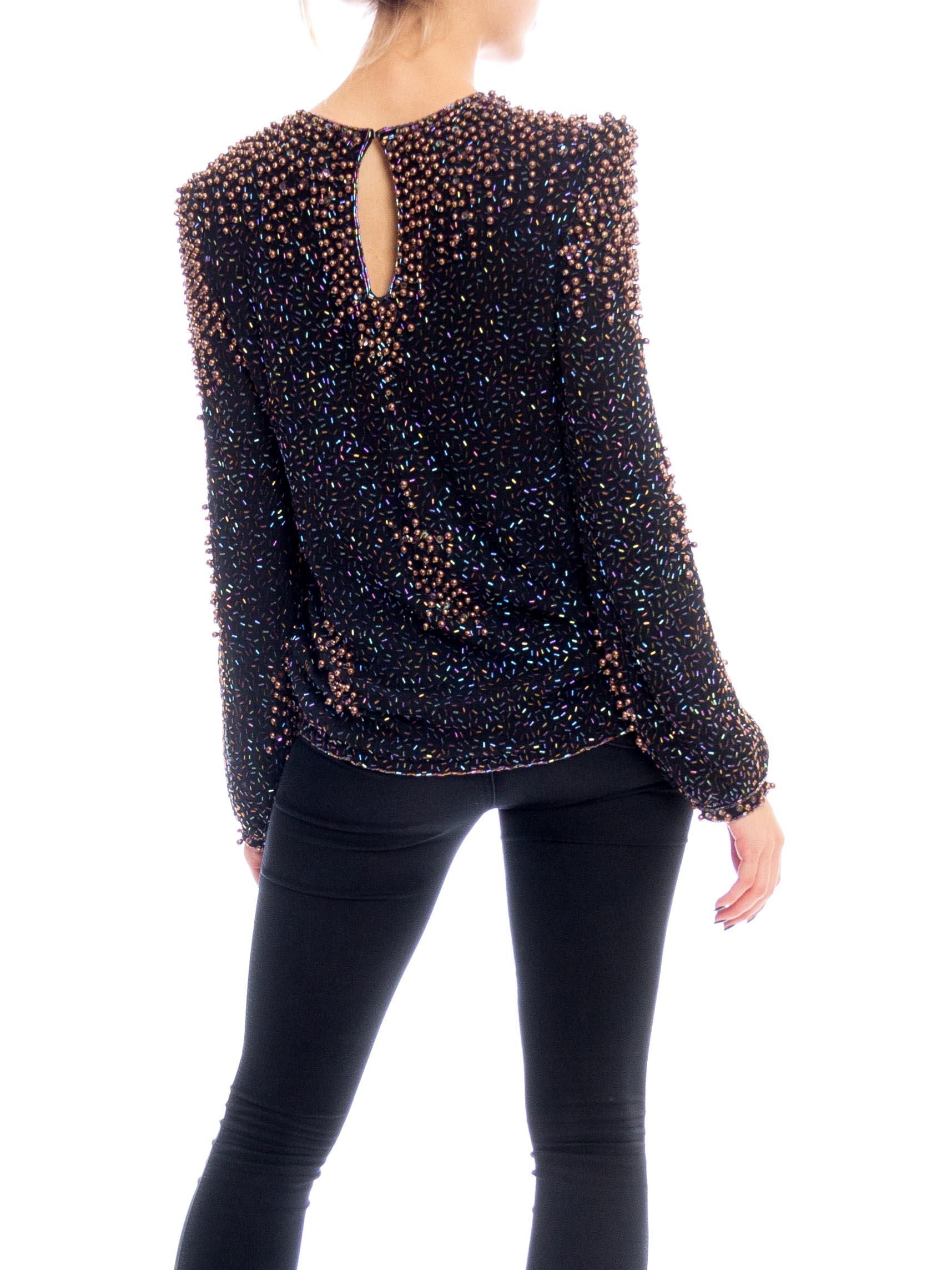 1980S Black Rayon Chiffon Hand Beaded Long Sleeve Blouse With Copper Pearls 4