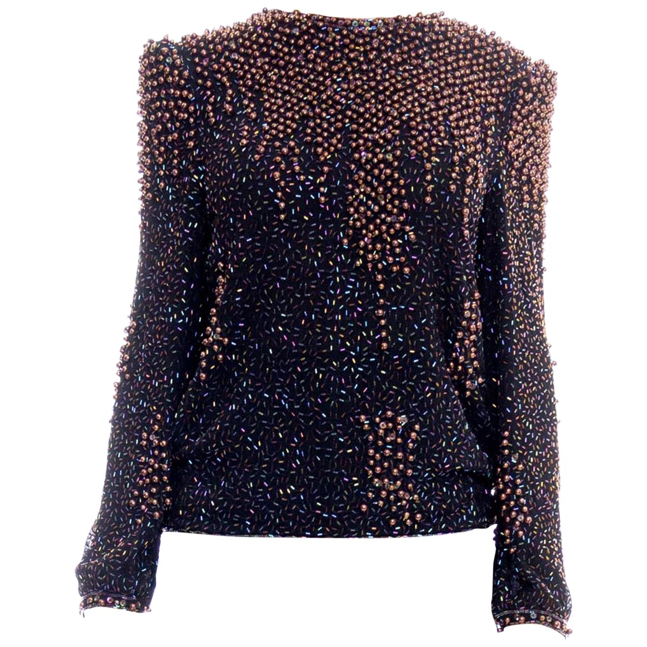 1980S Black Rayon Chiffon Hand Beaded Long Sleeve Blouse With Copper Pearls
