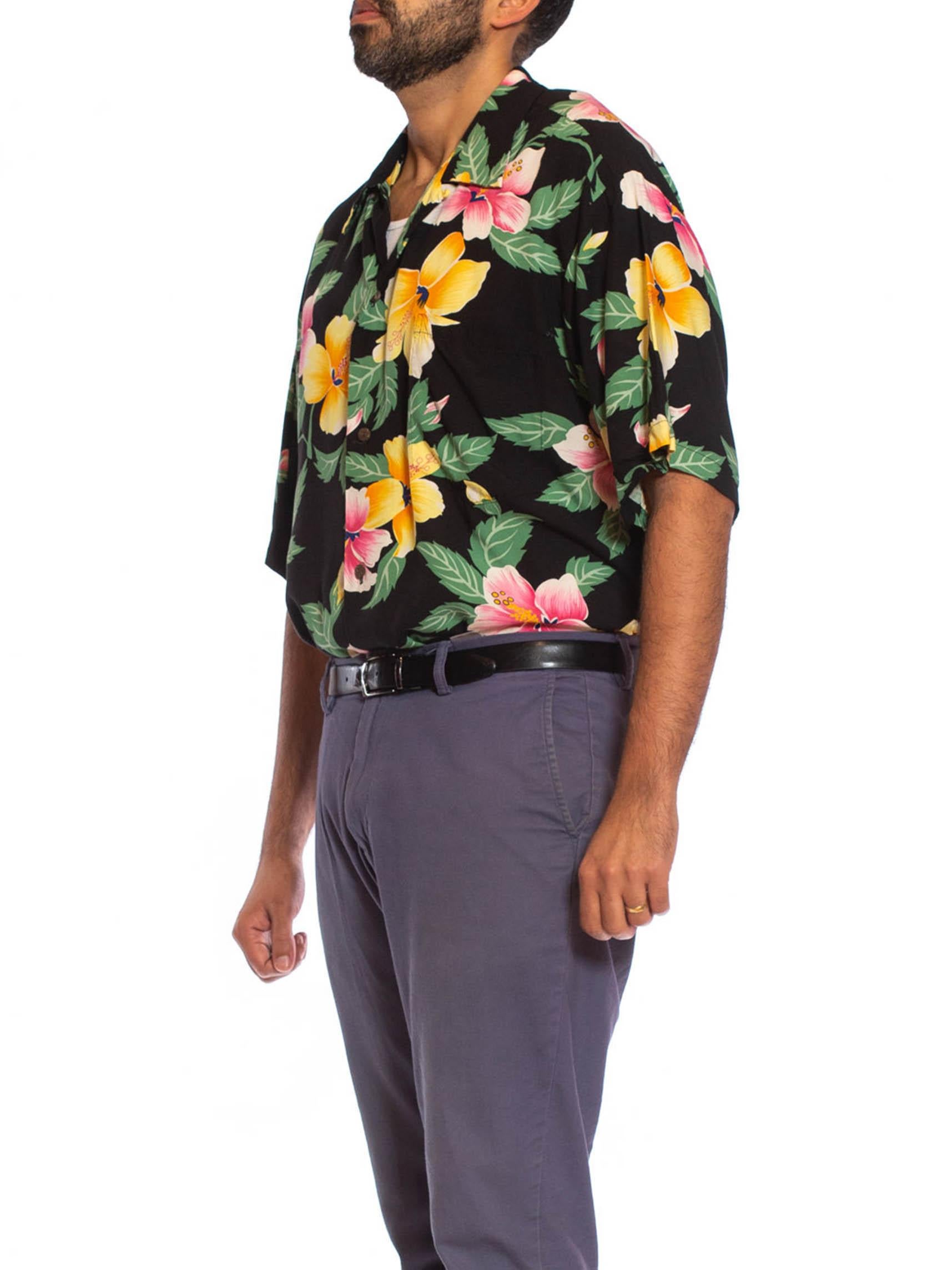 Men's 1980S Black Rayon Mens Tropical Pink & Yellow Floral Hawaiian Shirt