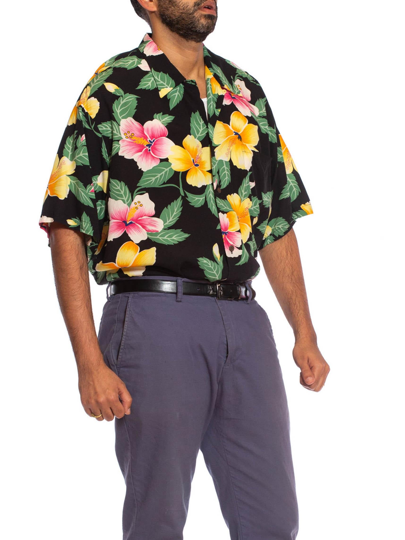 1980S Black Rayon Mens Tropical Pink & Yellow Floral Hawaiian Shirt 1