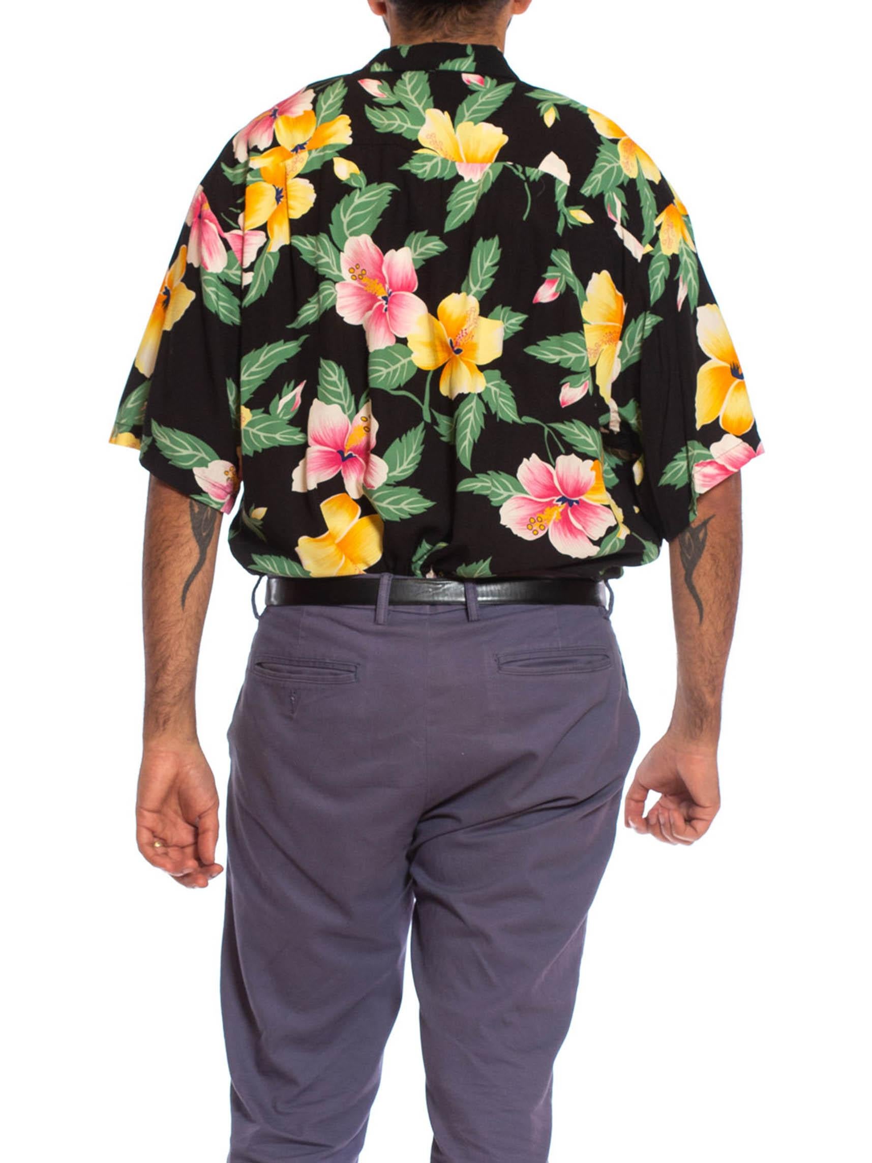 1980S Black Rayon Mens Tropical Pink & Yellow Floral Hawaiian Shirt 2