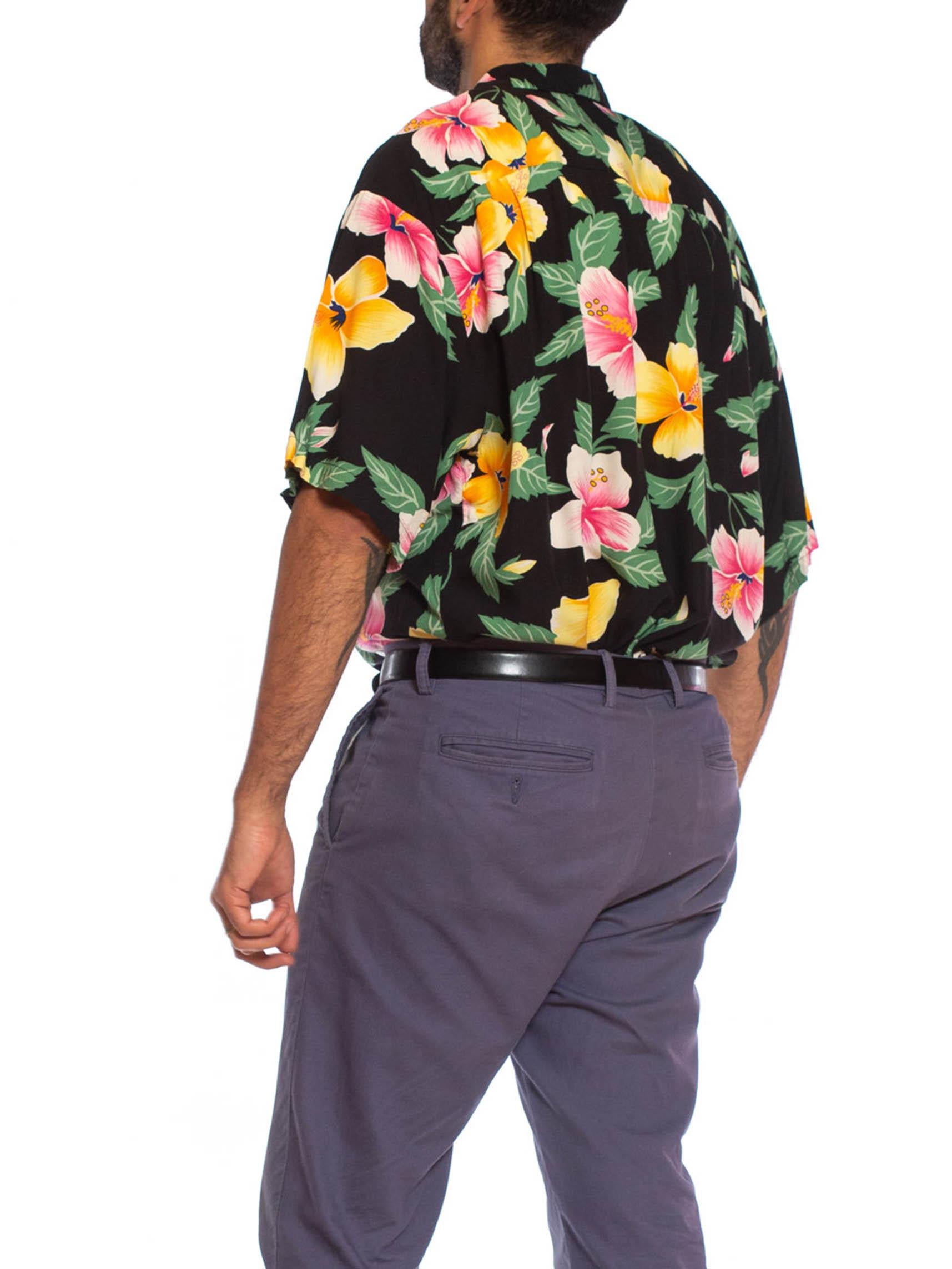 1980S Black Rayon Mens Tropical Pink & Yellow Floral Hawaiian Shirt 3